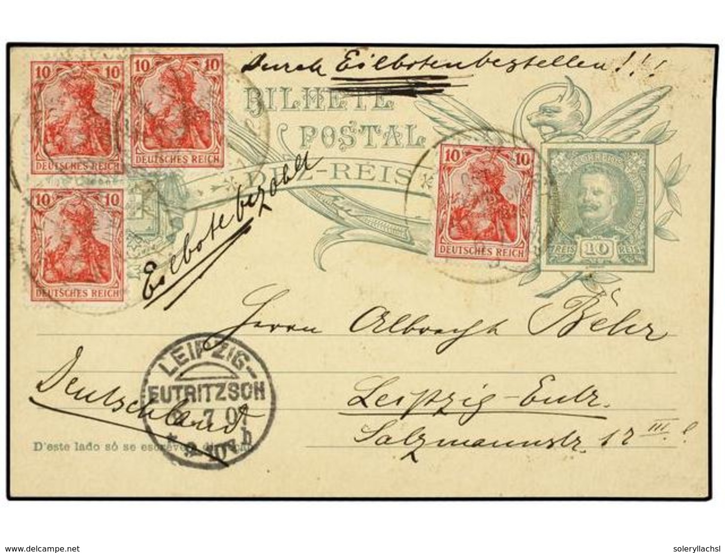 4871 PORTUGAL. 1907. DOVER To LEIPZIG. Portugal <B>10 Reis </B>postal Stationary Card Uprated With Four Stamps German <B - Other & Unclassified