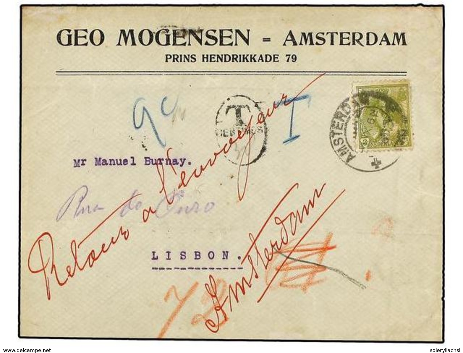 4874 PORTUGAL. 1919. AMSTERDAM (Holanda) A LISBOA. <B>3 Cts. </B>verde, Tasada A La Llegada Con Sellos Portugueses De <B - Other & Unclassified