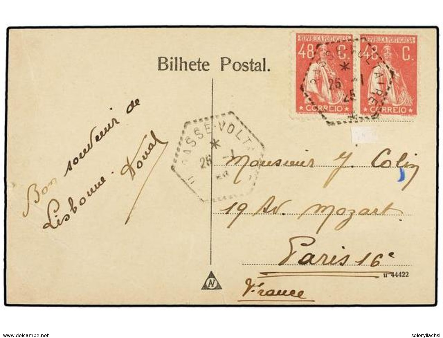 4880 PORTUGAL. Mu.284 (2). 1925. LISBOA A PARÍS. Tarjeta Postal Con Sellos De <B>48 Cts.</B> Rosa (2), Mat. Octogonal Ma - Other & Unclassified