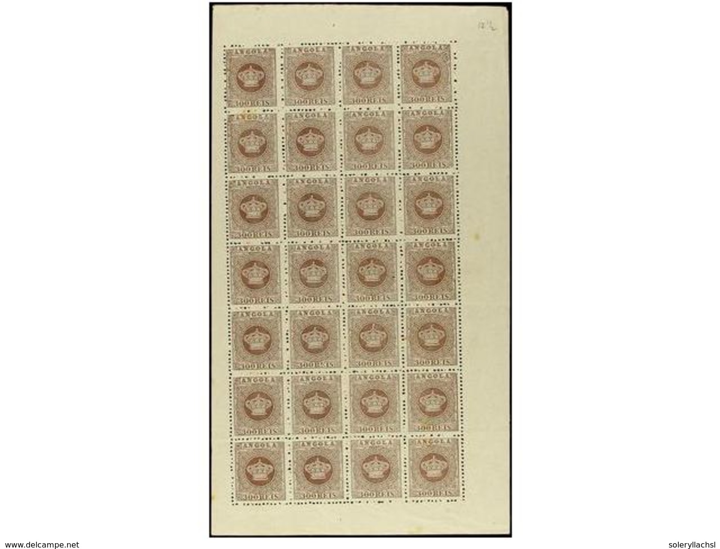 4891 (*) ANGOLA. Af.9. 1870. <B>300 Reis </B>castaño Amarillo. Dent. <B>12 1/2 PAPEL FINO.</B> Hoja Completa De 28 Sello - Sonstige & Ohne Zuordnung