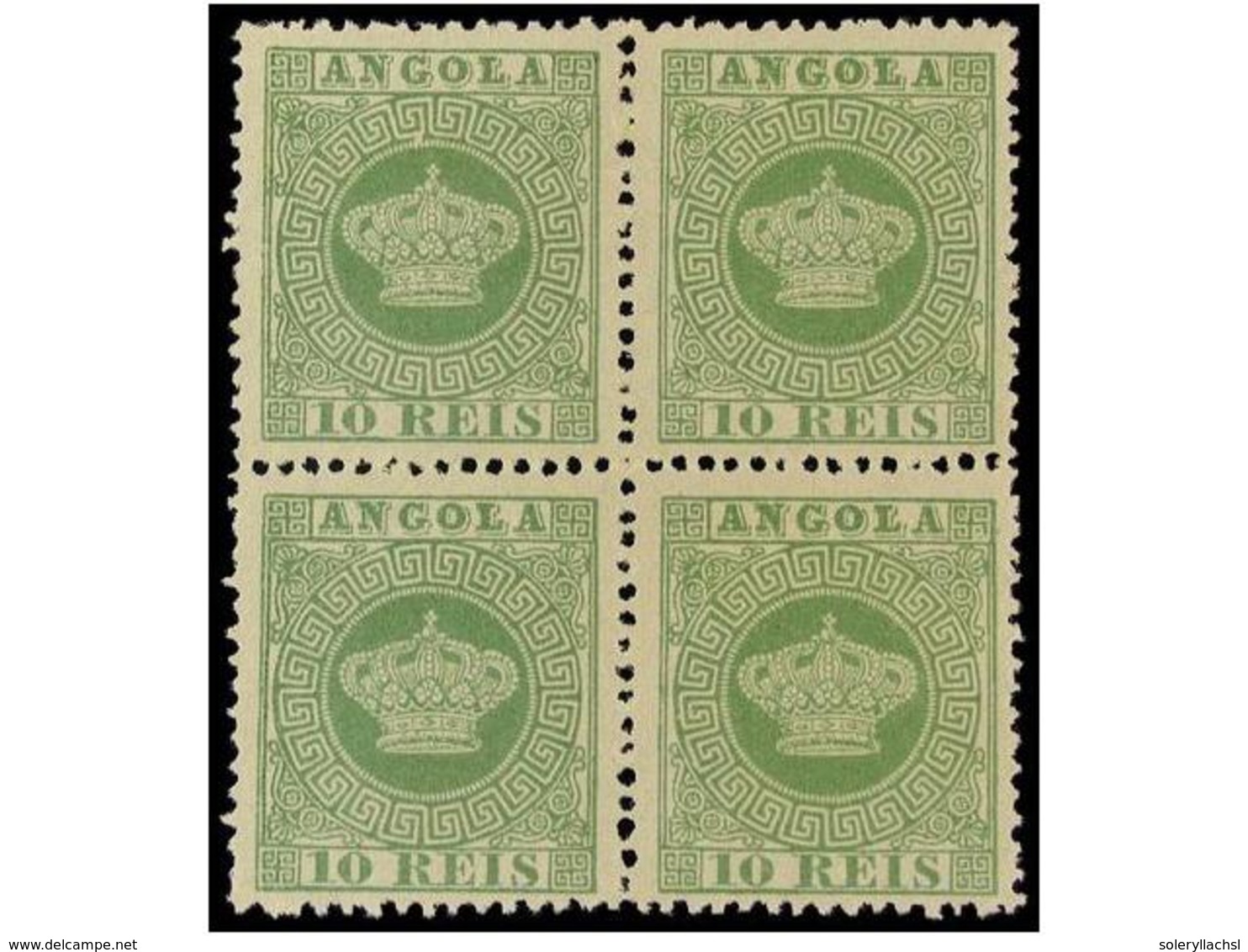 4894 (*) ANGOLA. Af.10. 1881. <B>10 Reis</B> Verde. Dent. 12 1/2 <B>PAPEL FINO. </B>Bloque De Cuatro. MAGNIFICO. Cert. N - Sonstige & Ohne Zuordnung