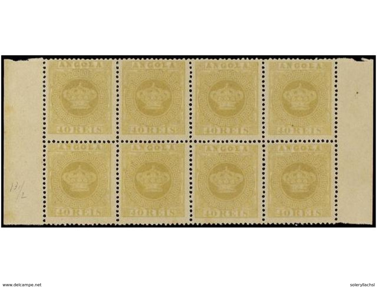 4899 (*) ANGOLA. Af.13. 1881. <B>40 Reis</B> Amarillo Verdoso. Dent. 13 1/2 <B>PAPEL MEDIO.</B> Bloque De Ocho. MAGNIFIC - Sonstige & Ohne Zuordnung