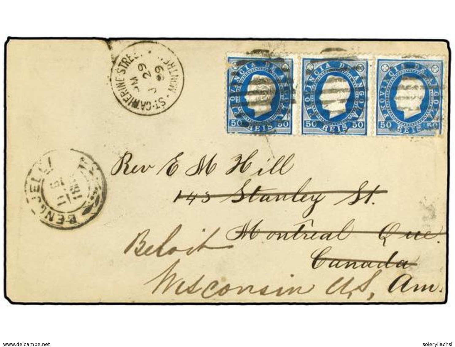4910 ANGOLA. 1889 (May 11). Cover To MONTREAL (Canada) Franked By Cameo 1886 <B>50r.</B> Blue Strip Of Three, Small Faul - Sonstige & Ohne Zuordnung