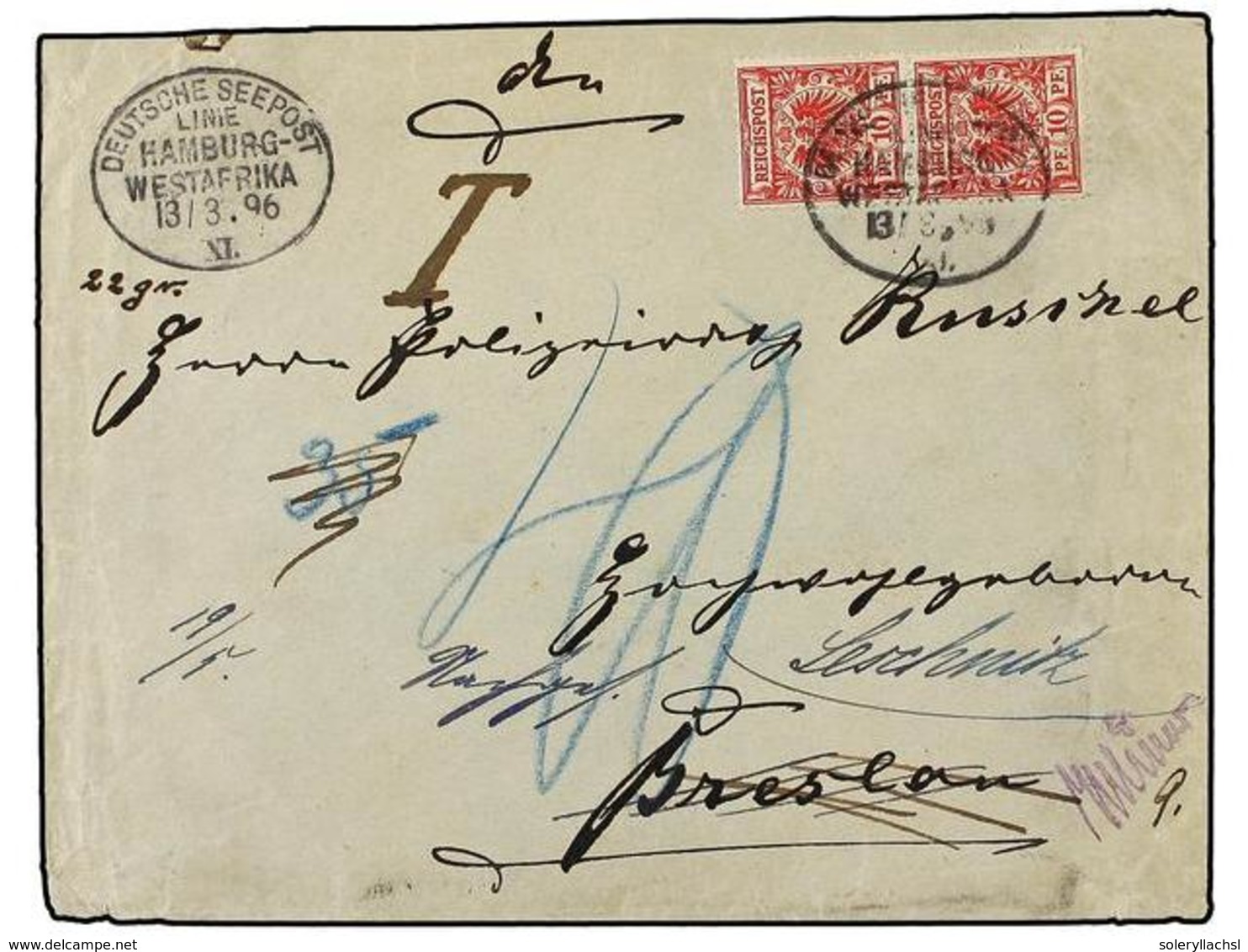 4913 ANGOLA. 1896 (March 13). Cover Sent To Breslau From Loanda, Underpaid And Found To Be Double Rate (22 Grams In Manu - Sonstige & Ohne Zuordnung