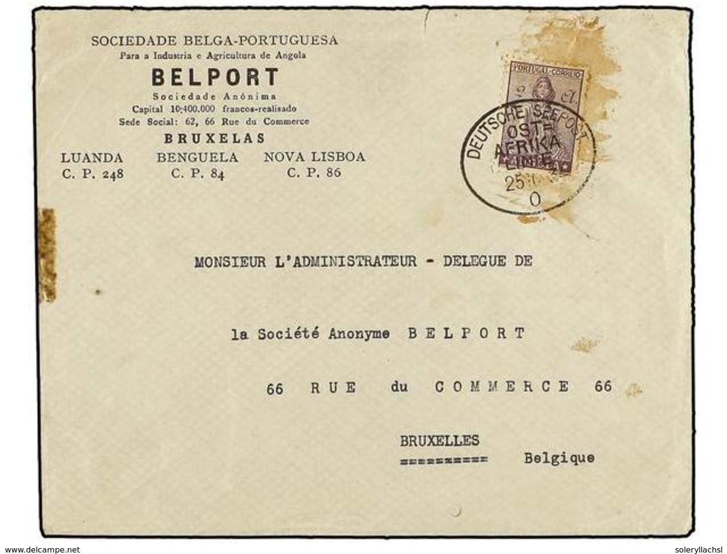 4923 ANGOLA. 1934. LOANDA A BRUSELAS (Bélgica). <B>2 A.</B> Lila, Mat. Ovalado<B> DEUTSCHE SEEPOST/OST-AFRIKA/LINIE.</B> - Sonstige & Ohne Zuordnung