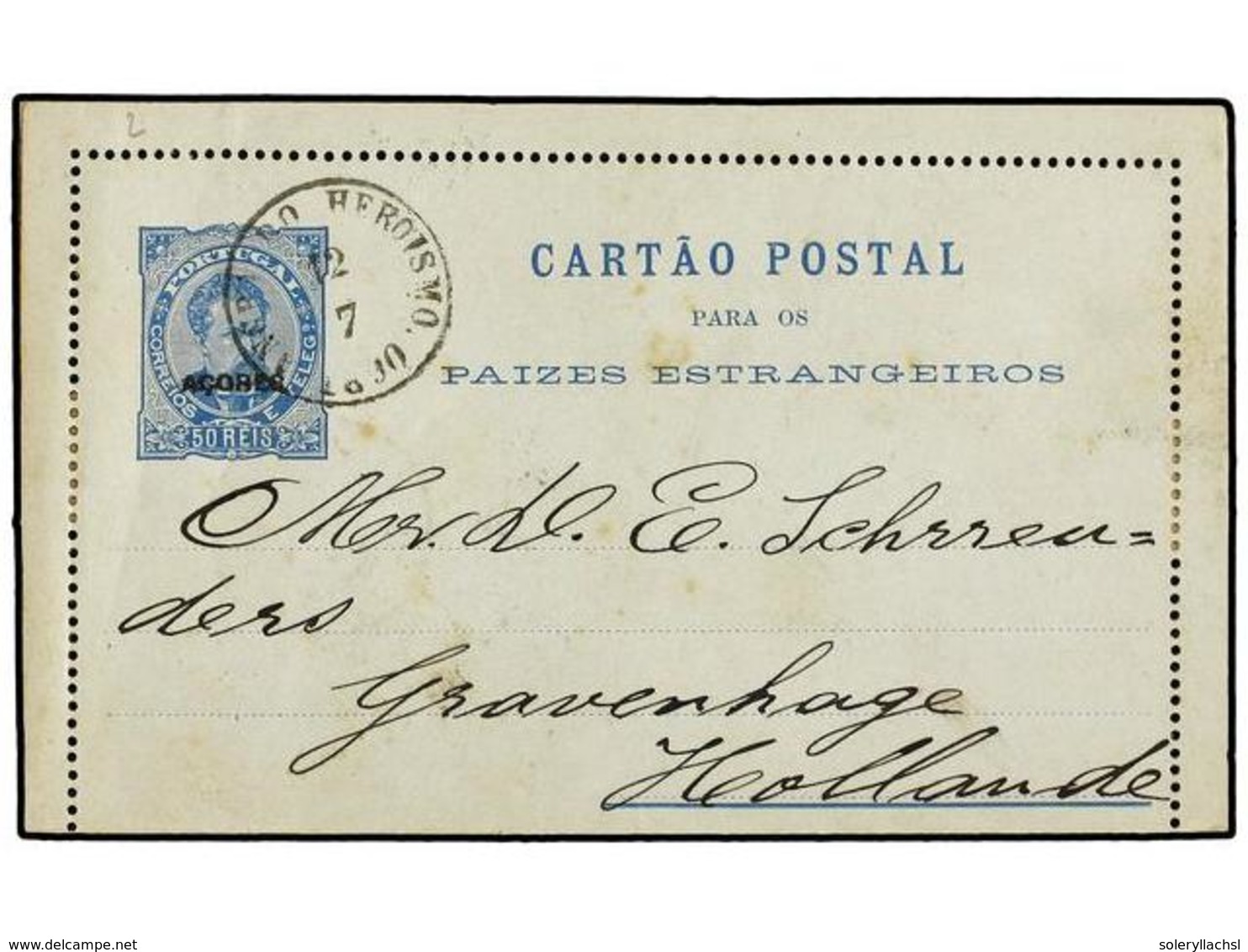 4936 PORTUGAL: AZORES. 1890. ANGRA DO HEROISMO A HOLANDA. Entero Postal De <B>50 Reis</B> Azul, Al Dorso Llegada. - Other & Unclassified