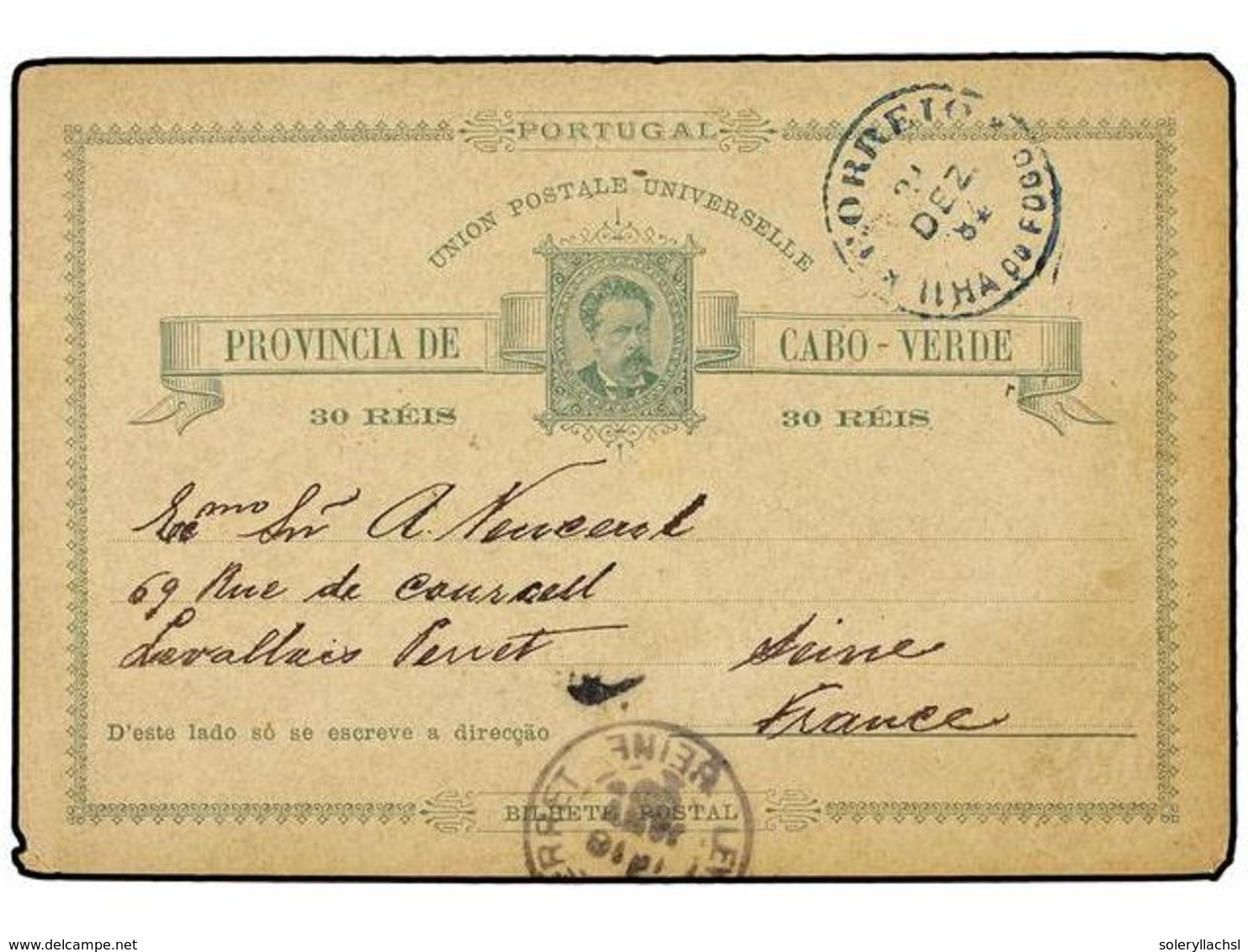 4940 CABO VERDE. 1884 (Dec. 21). <B>30r.</B> Green On Buff Postal Stationery Card Used To FRANCE Cancelled By Fine (and  - Other & Unclassified