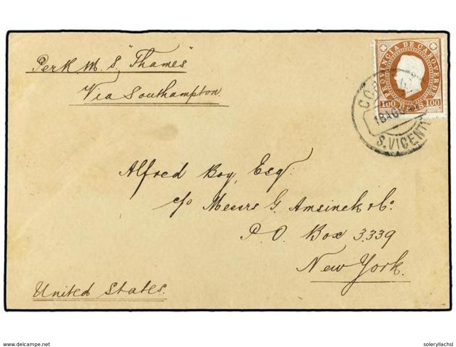 4942 CABO VERDE. 1888 (Aug 18). Cover To NEW YORK Endorsed 'per R.M.S. Thames, Via Southampton' Franked By 1886 <B>100r. - Other & Unclassified