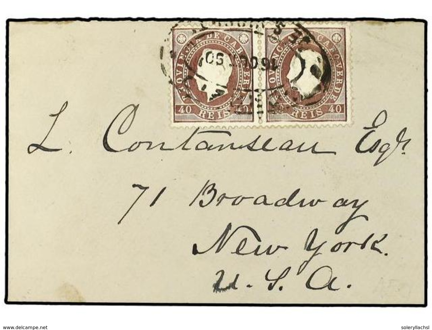 4944 CABO VERDE. 1890. Cover To New York Franked By 1886 Pair Of <B>40 Reis</B> Chocolate Tied By Oval <B>'Correio De Sa - Other & Unclassified