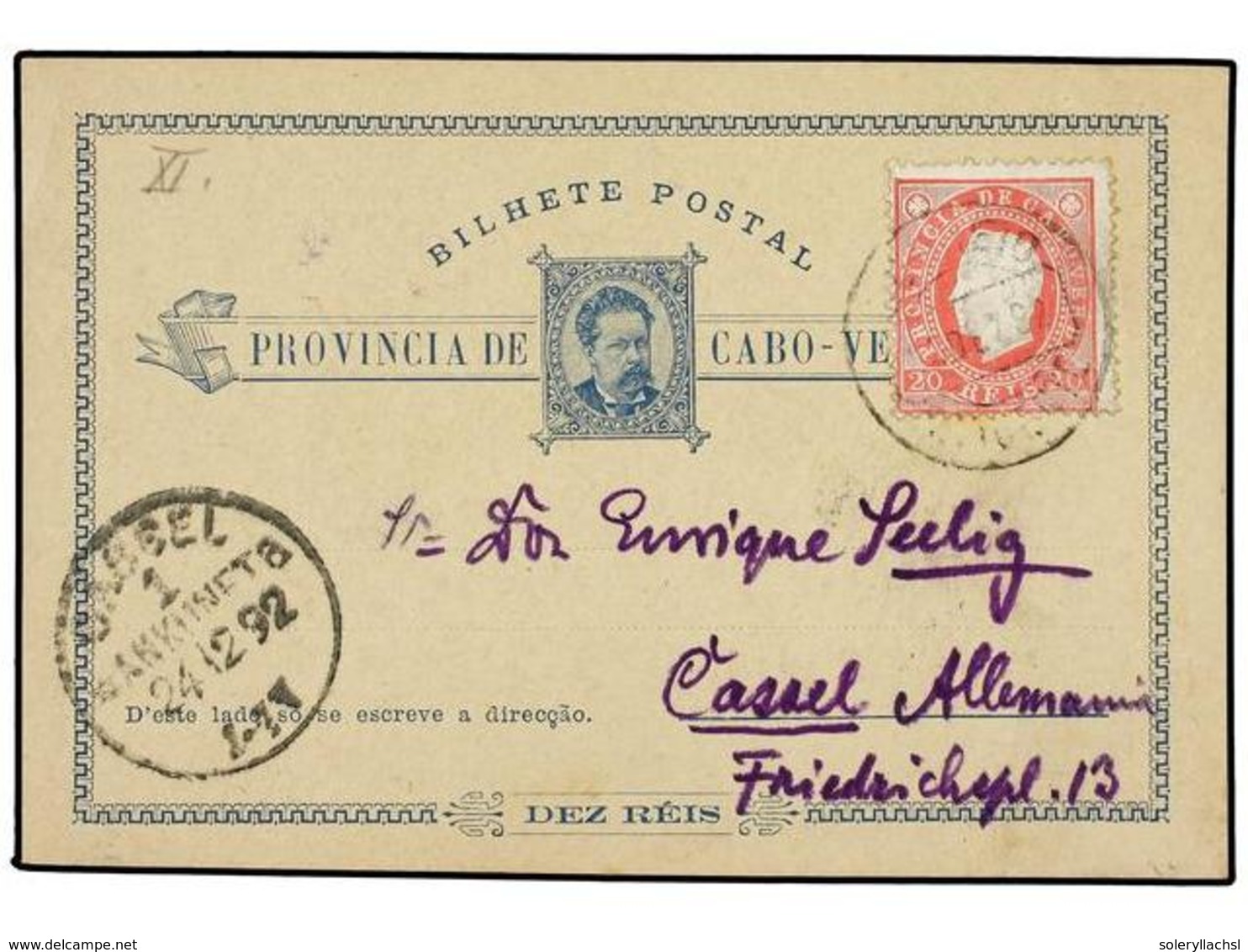 4945 CABO VERDE. 1892. SAN VICENTE A ALEMANIA. Entero Postal De <B>10 Reis</B> Con Franqueo Adicional De <B>20 Reis</B>  - Sonstige & Ohne Zuordnung