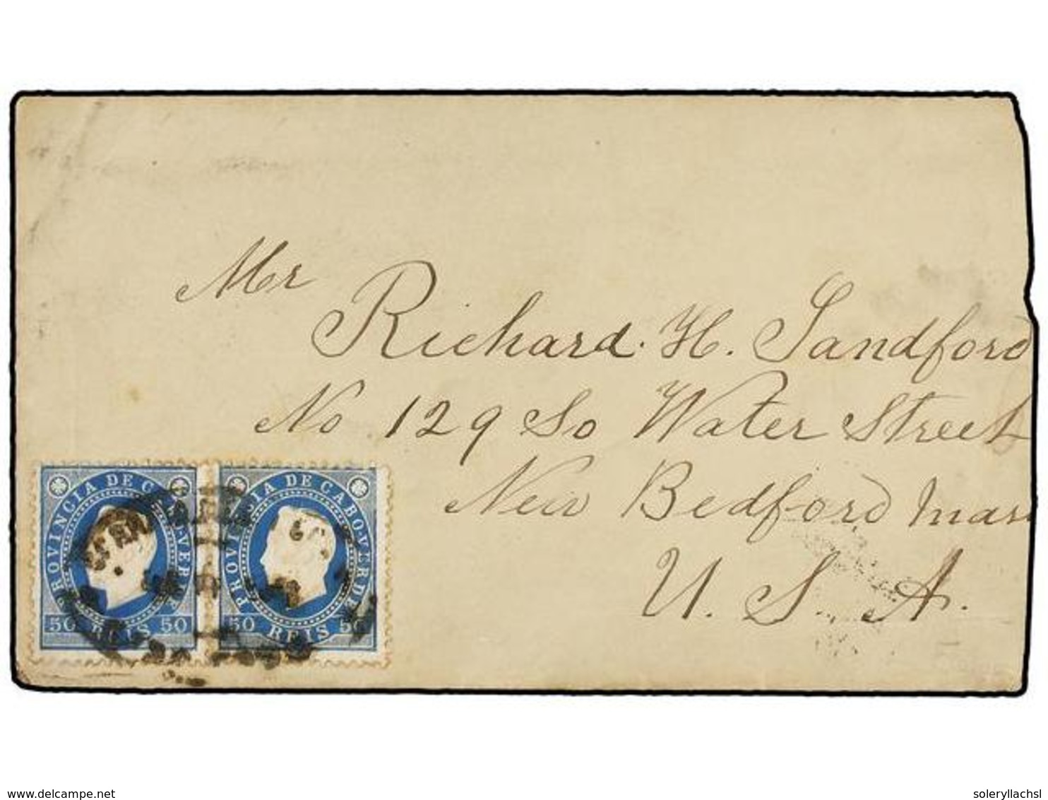 4947 CABO VERDE. 1893. Cover To New Bedford, USA Franked By 1886 <B>50 R.</B> Blue Pair Somewhat Smudgily Cancelled And  - Sonstige & Ohne Zuordnung