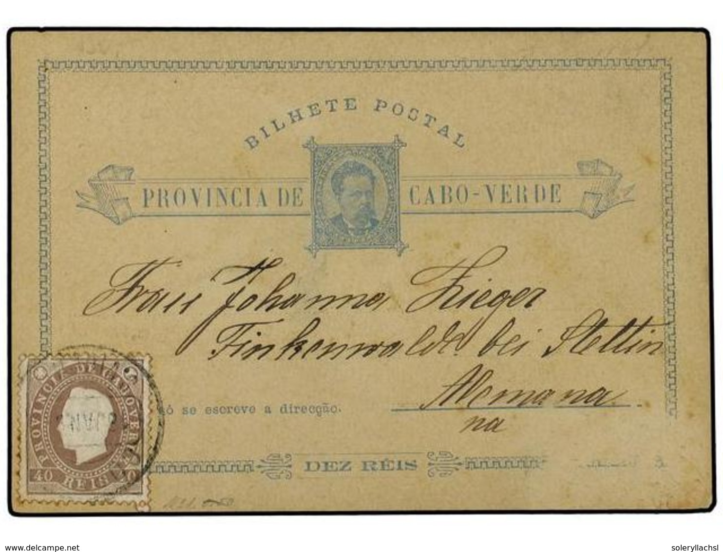 4948 CABO VERDE. 1894 (Jan 18). Cape Verde <B>10c</B>. Blue Postal Stationery Card Used To Stettin, Germany; Up-rated Wi - Sonstige & Ohne Zuordnung