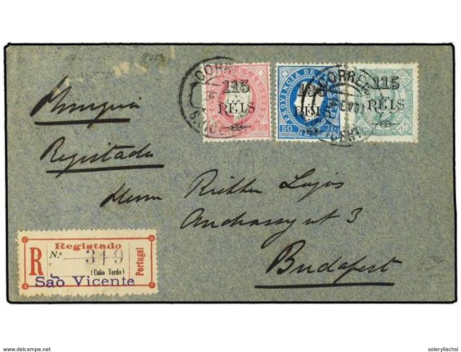 4950 CABO VERDE. Af.56,57,65. 1902. S. VICENTE A BUDAPEST (Hungria). Carta Certificada, Franqueo Tricolor. Extraordinari - Other & Unclassified