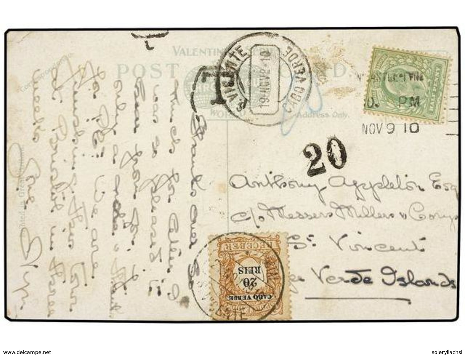 4951 CABO VERDE. 1910. LONDRES A S. VICENTE (Cabo Verde). <B>1/2 P.</B> Verde, Tasada A La Llegada Con Sello De <B>20 Re - Sonstige & Ohne Zuordnung