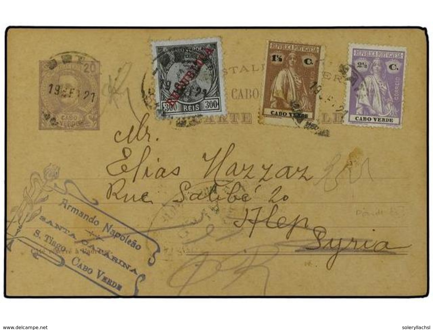 4952 CABO VERDE. 1921 (Sept 19). <B>20r</B>. Violet On Straw Postal Stationery Card Used To Aleppo/Syria Up-rated With 1 - Sonstige & Ohne Zuordnung