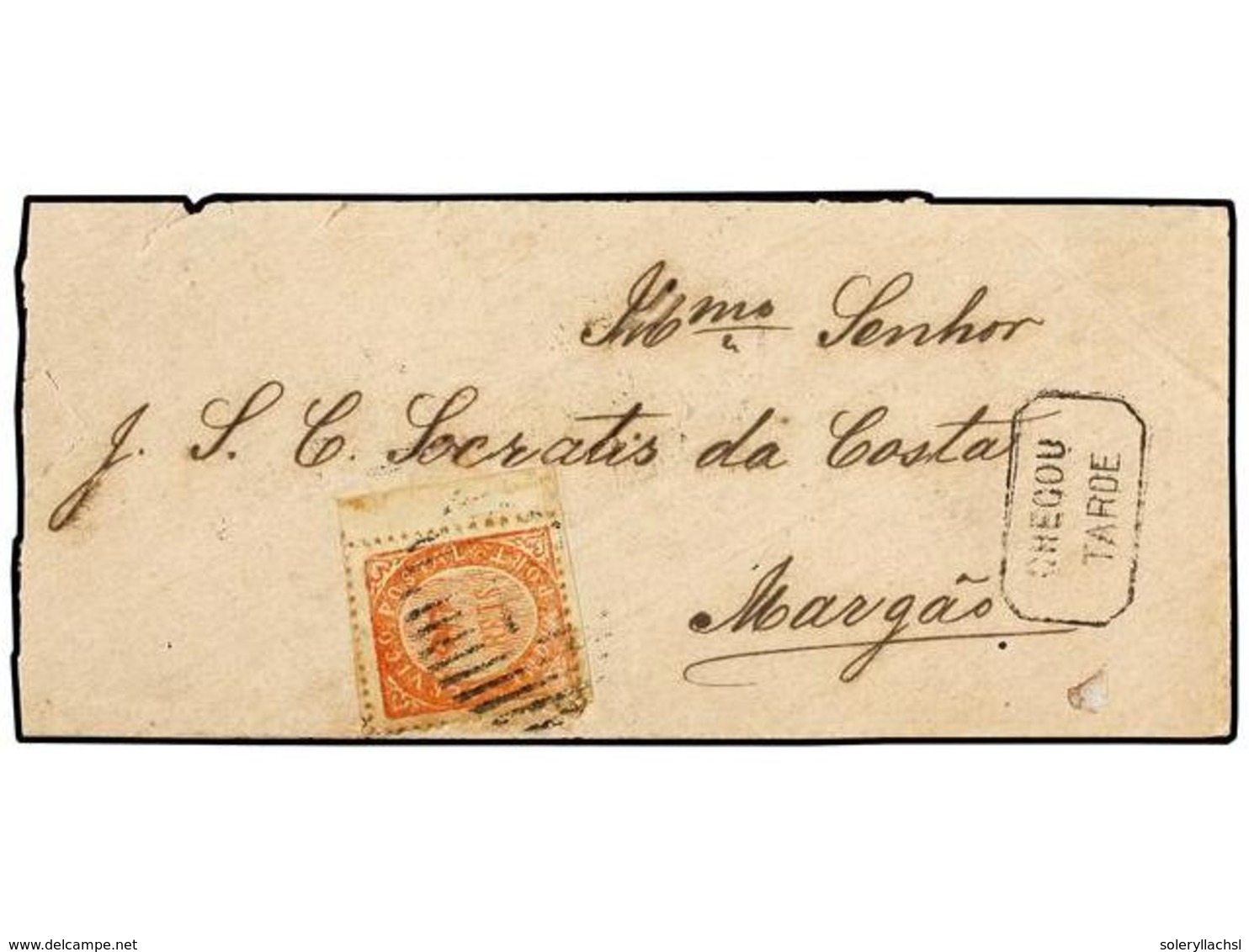 4962 INDIA PORTUGUESA. Af.17. 1874. PANGIM A MARGAO. <B>20 Reis</B> Rojo, Borde De Hoja, Mat. Barras <B>'1'</B> De Pangi - Other & Unclassified