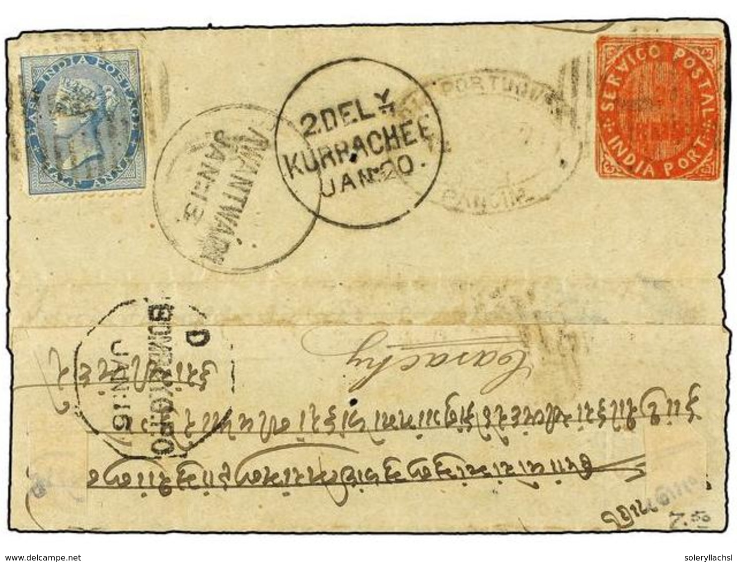 4963 INDIA. 1877. PANGIM A KARACHI. <B>20 Reis </B>rojo Y Sello De India Inglesa De <B>1/2 Anna</B> Azul. Mat. <B>AWANTW - Other & Unclassified