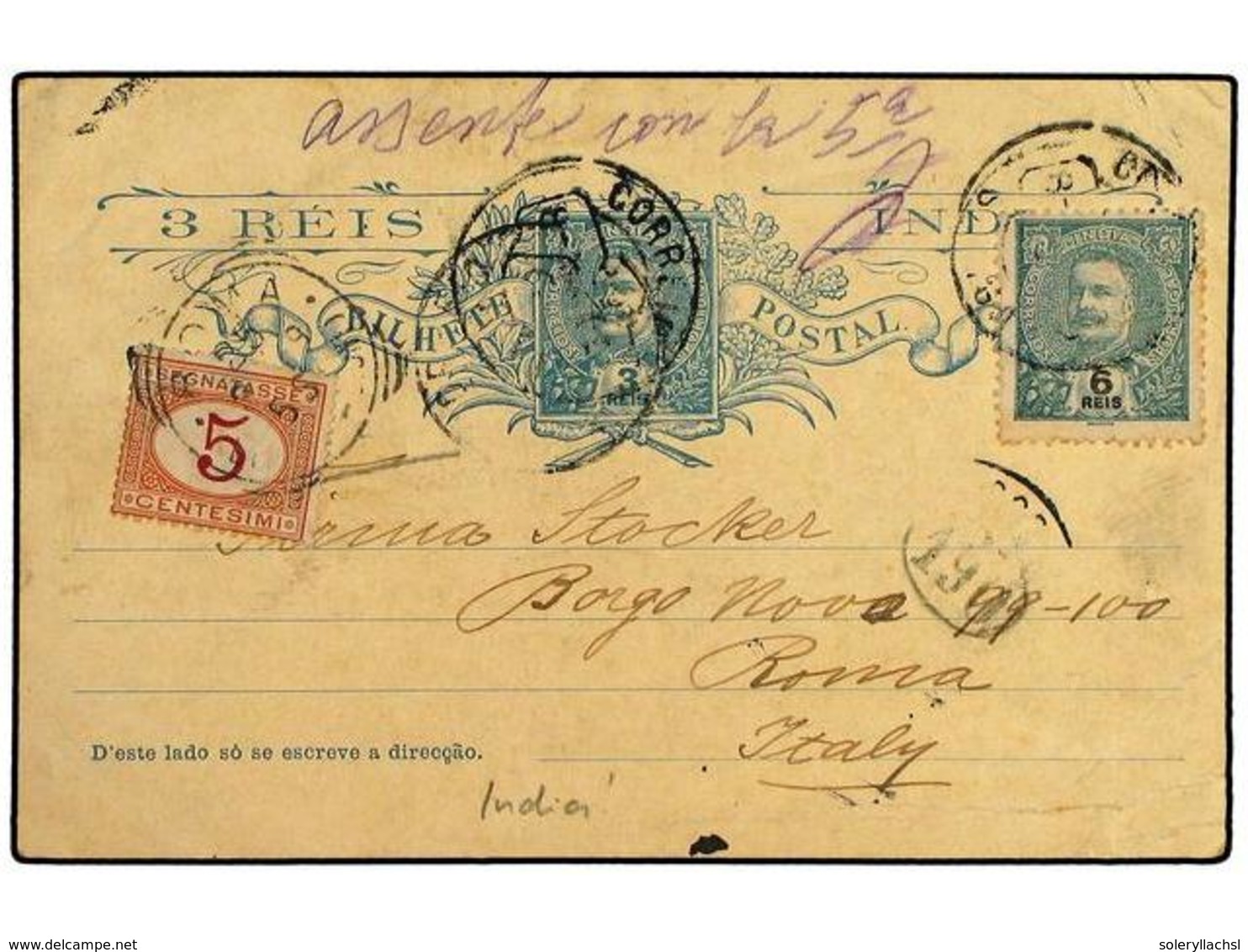 4968 INDIA PORTUGUESA. 1902. <B>3 R.</B> Blue Stationery Card Up-rated For Use To ITALY With 1902 <B>6 R.</B> Green Tied - Other & Unclassified