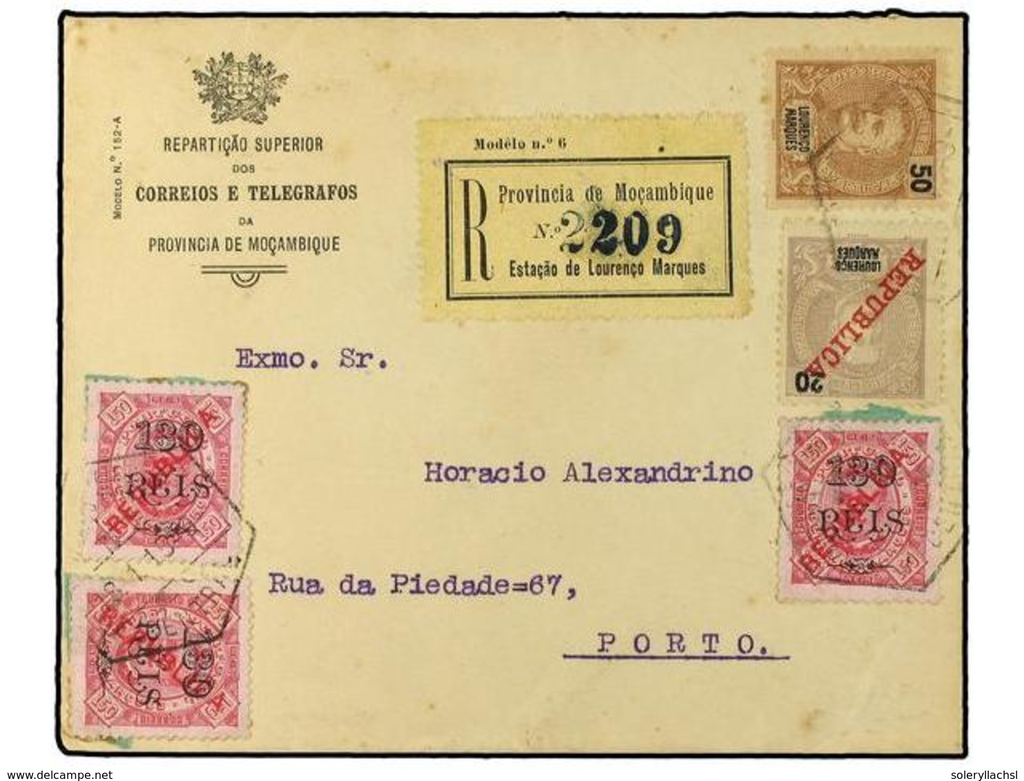 4975 LORENZO-MARQUES. 1915. Registered Imprinted Posts & Telegraphs Envelope To Porto Franked By 1903 <B>50 R.</B> Brown - Other & Unclassified