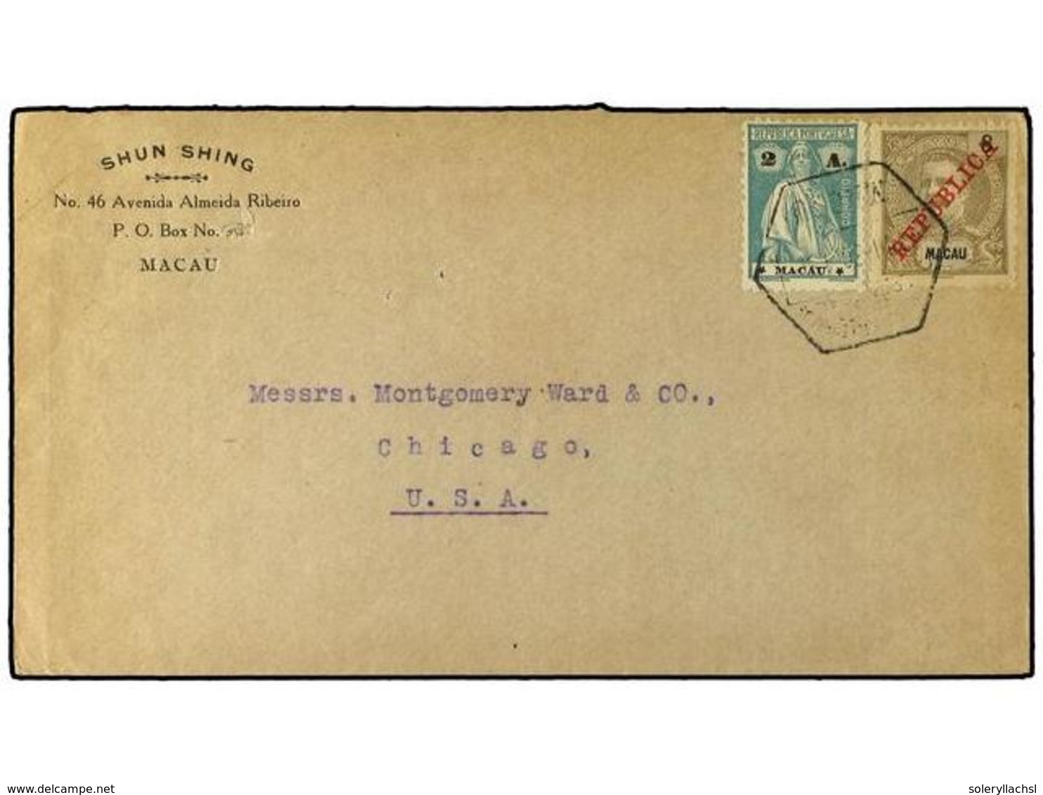 4981 MACAO. 1930. Envelope To Chicago Franked <B>2A</B> Ceres + <B>8a</B> Carlos Overprinted <B>'Republica'</B> Tied By  - Other & Unclassified