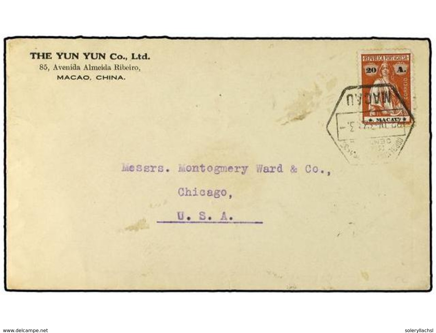 4982 MACAO. 1932. Envelope To Chicago Franked <B>20A</B> Ceres Tied By Datestamp. <B>Hong Kong</B> Transit Cds On Revers - Other & Unclassified