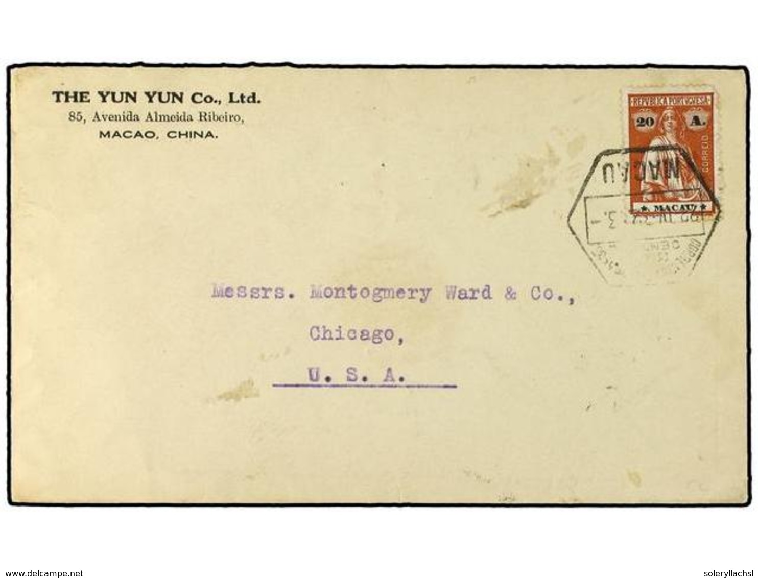 4982 MACAO. 1932. Envelope To Chicago Franked <B>20A</B> Ceres Tied By Datestamp. <B>Hong Kong</B> Transit Cds On Revers - Sonstige & Ohne Zuordnung