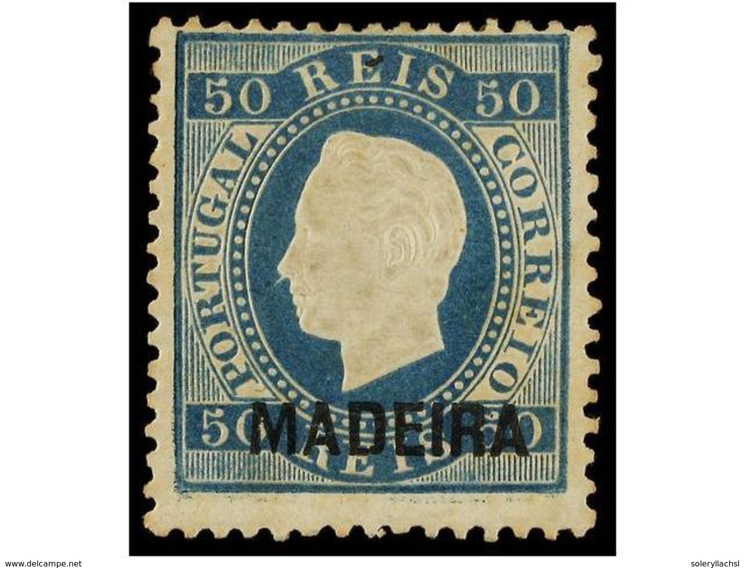 4997 * PORTUGAL: MADEIRA. Af.28. 1879. <B>50 Reis </B>azul. MAGNÍFICO EJEMPLAR. Cert. INEXFIP. - Other & Unclassified