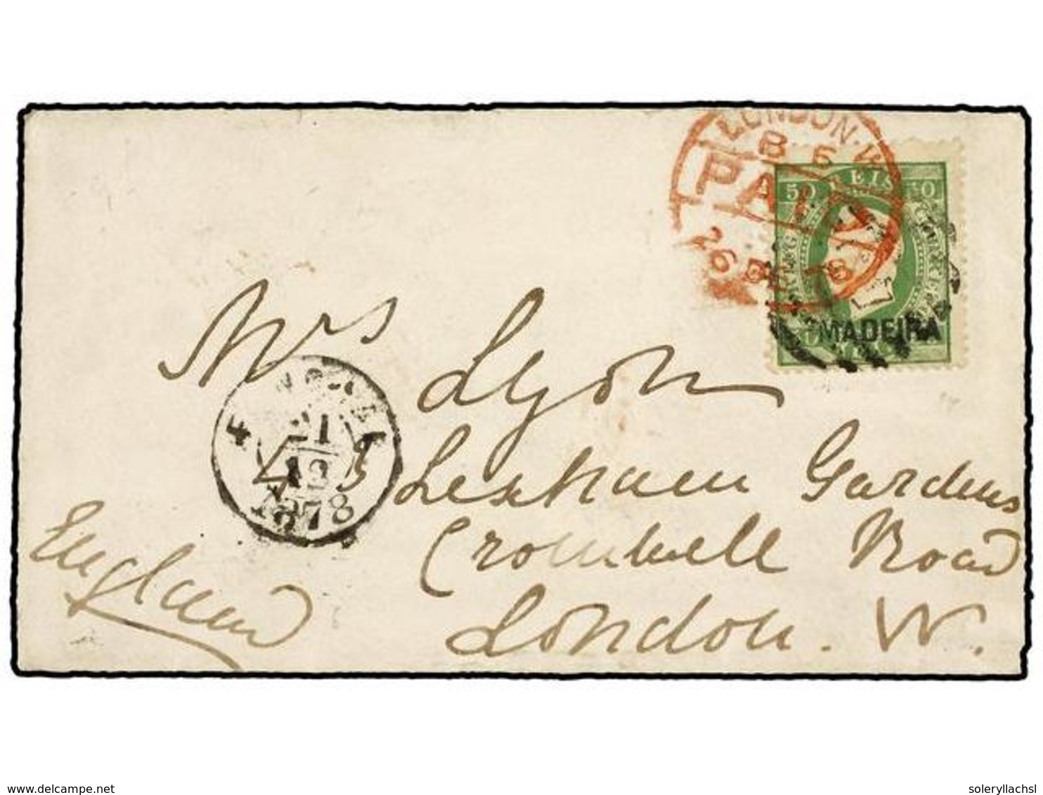 5008 PORTUGAL: MADEIRA. Af.18. 1878. FUNCHAL A LONDRES. <B>50 Reis</B> Verde, Dent. 13 1/2 (Fita Direita) Mat. <B>PARRIL - Other & Unclassified