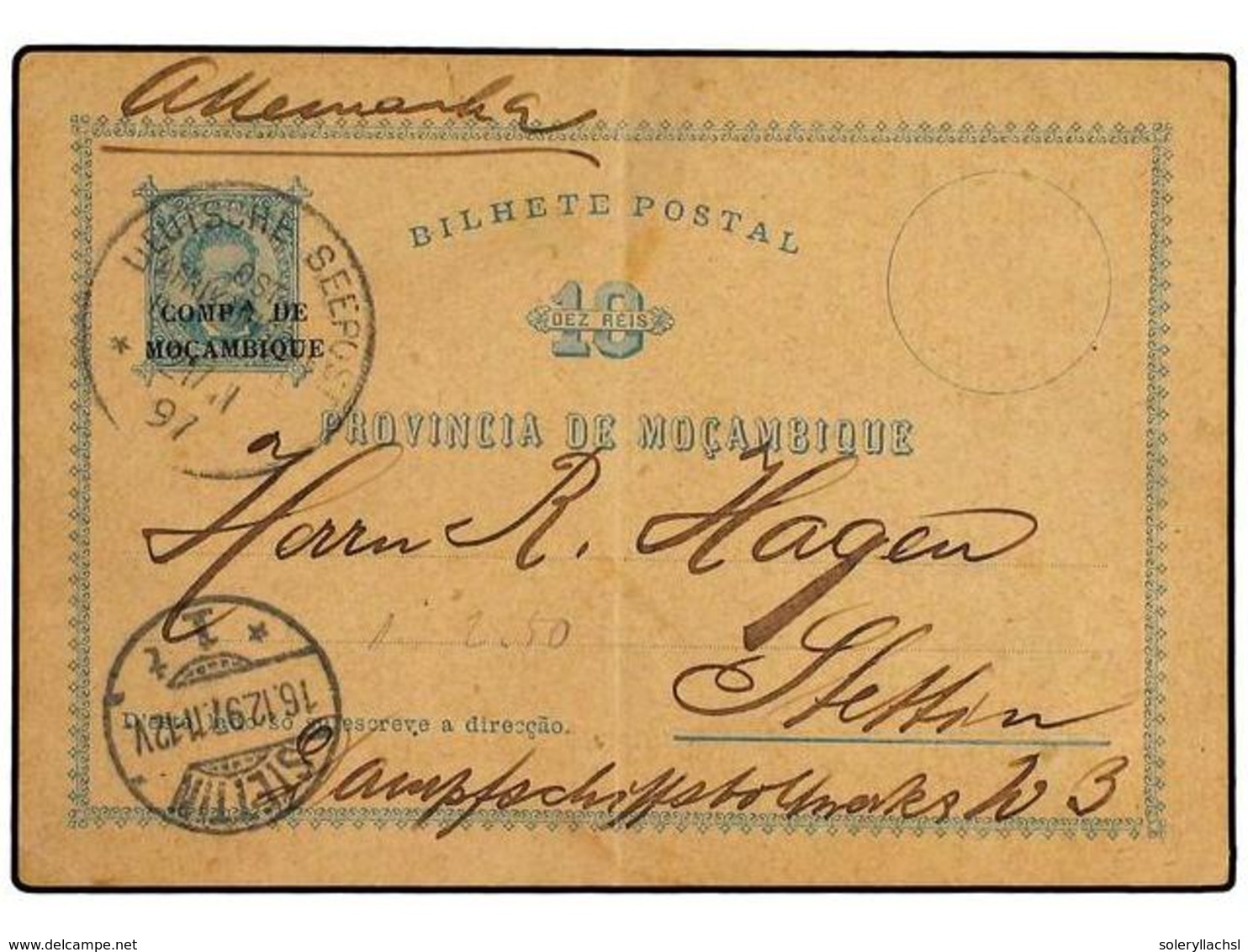 5020 MOZAMBIQUE (COMPAÑIA). 1897. MOZAMBIQUE <B>10 R.</B> Ovpt P/stat. Card Written From BEIRA To GERMANY Cancelled By T - Other & Unclassified