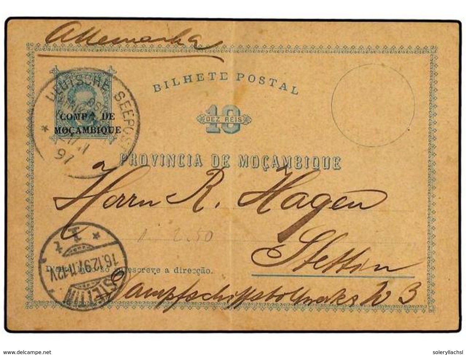 5020 MOZAMBIQUE (COMPAÑIA). 1897. MOZAMBIQUE <B>10 R.</B> Ovpt P/stat. Card Written From BEIRA To GERMANY Cancelled By T - Sonstige & Ohne Zuordnung