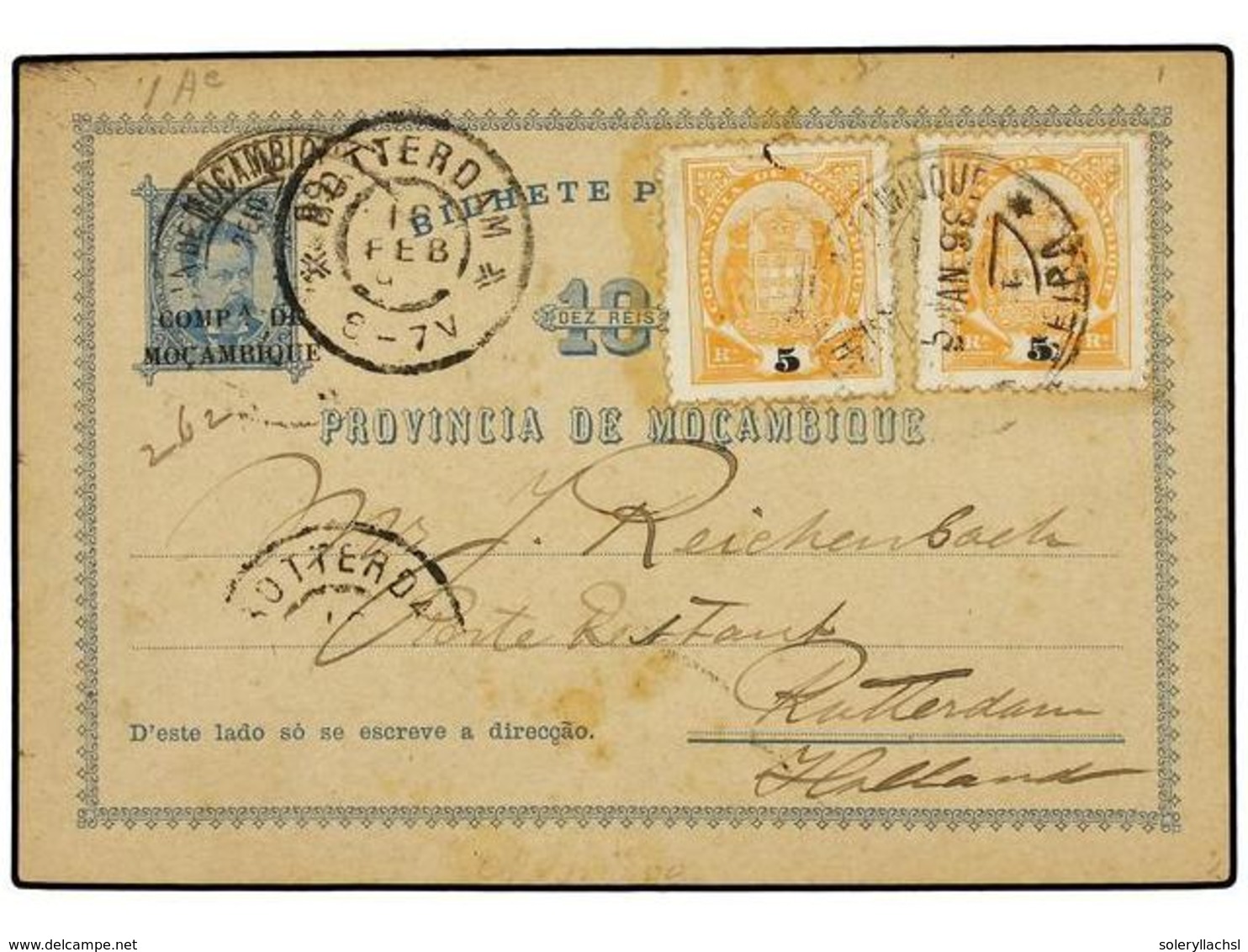 5021 MOZAMBIQUE. 1898. BEIRA A HOLANDA. Entero Postal De <B>10 Reis</B> Azul, <B>COMP. DE MOÇAMBIQUE</B> Con Franqueo Ad - Andere & Zonder Classificatie