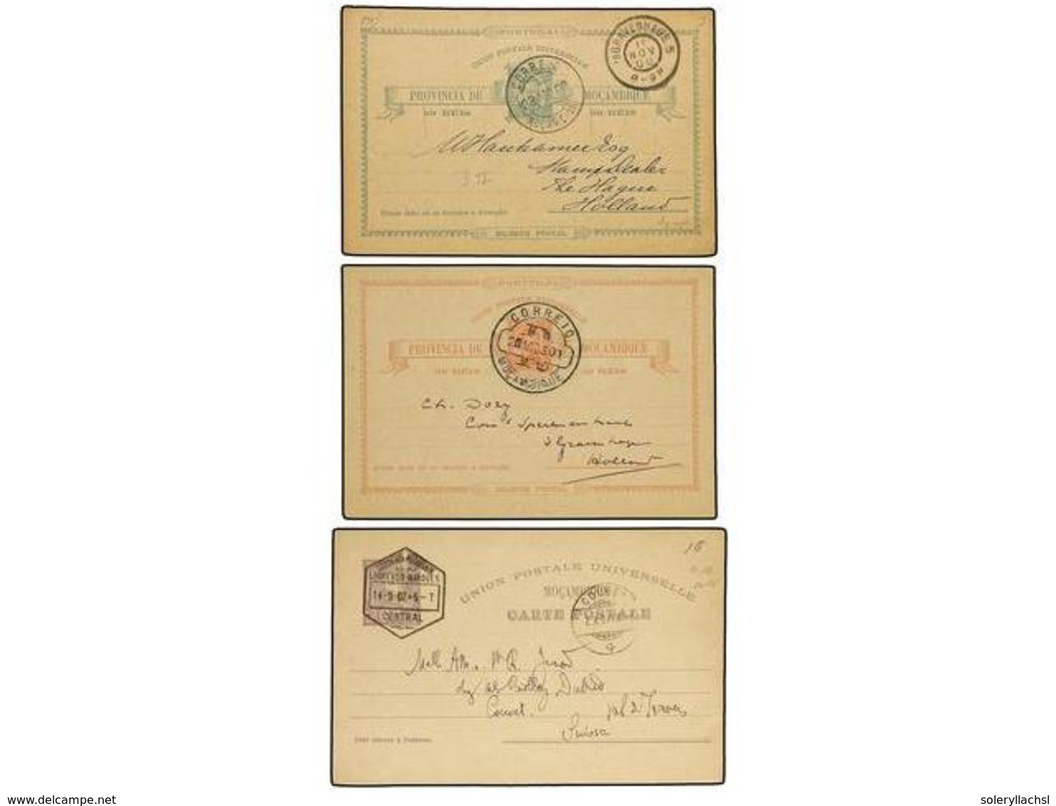 5026 MOZAMBIQUE. 1900-1907. Tres Enteros Postales De <B>20 Reis</B> Rosa, <B>30 Reis</B> Verde Y <B>30 Reis</B> Lila Cir - Sonstige & Ohne Zuordnung