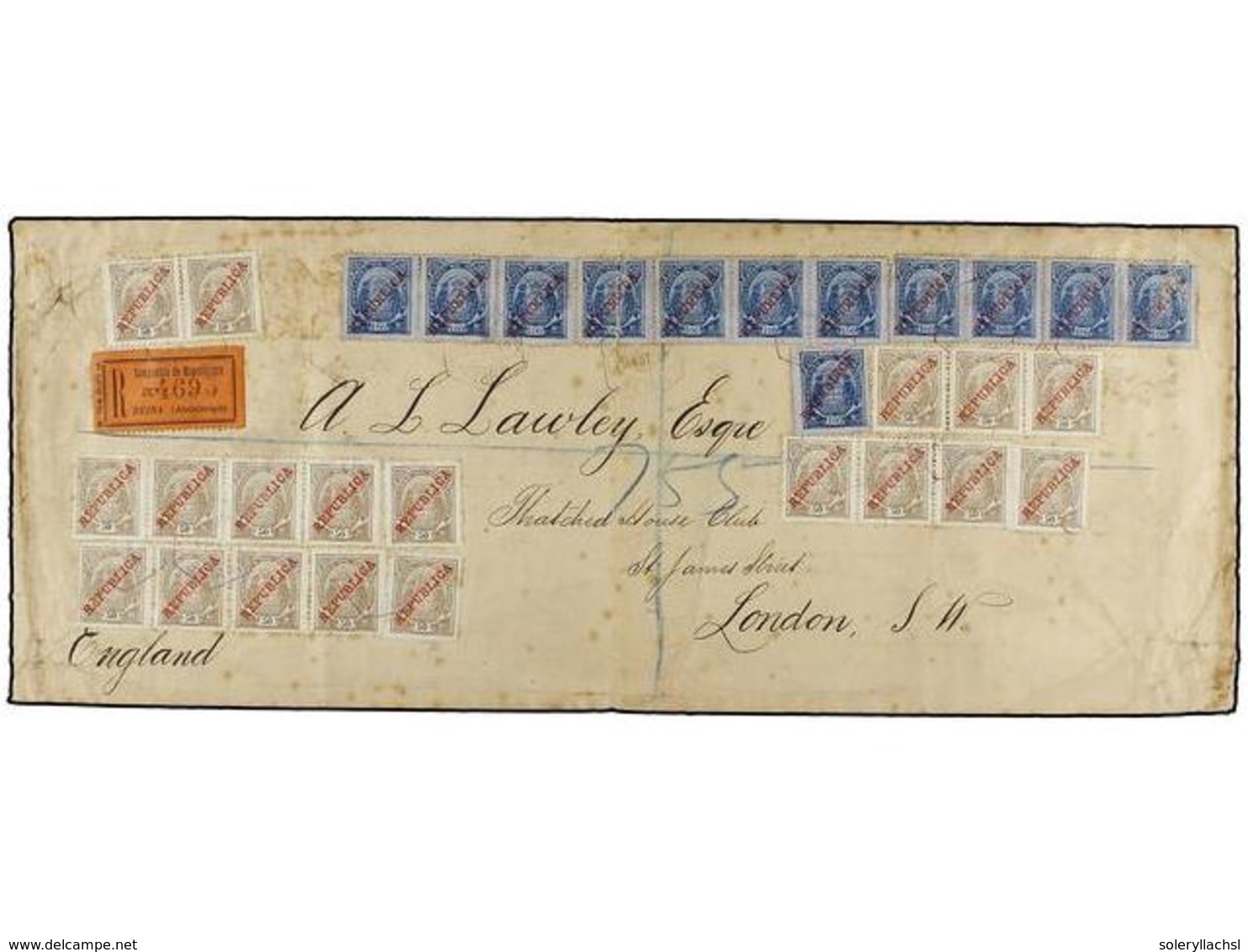 5029 MOZAMBIQUE. 1911 (Oct 9). Large Registered Cover To The 'Thatched House Club' In St. James's, London Franked By Ext - Andere & Zonder Classificatie