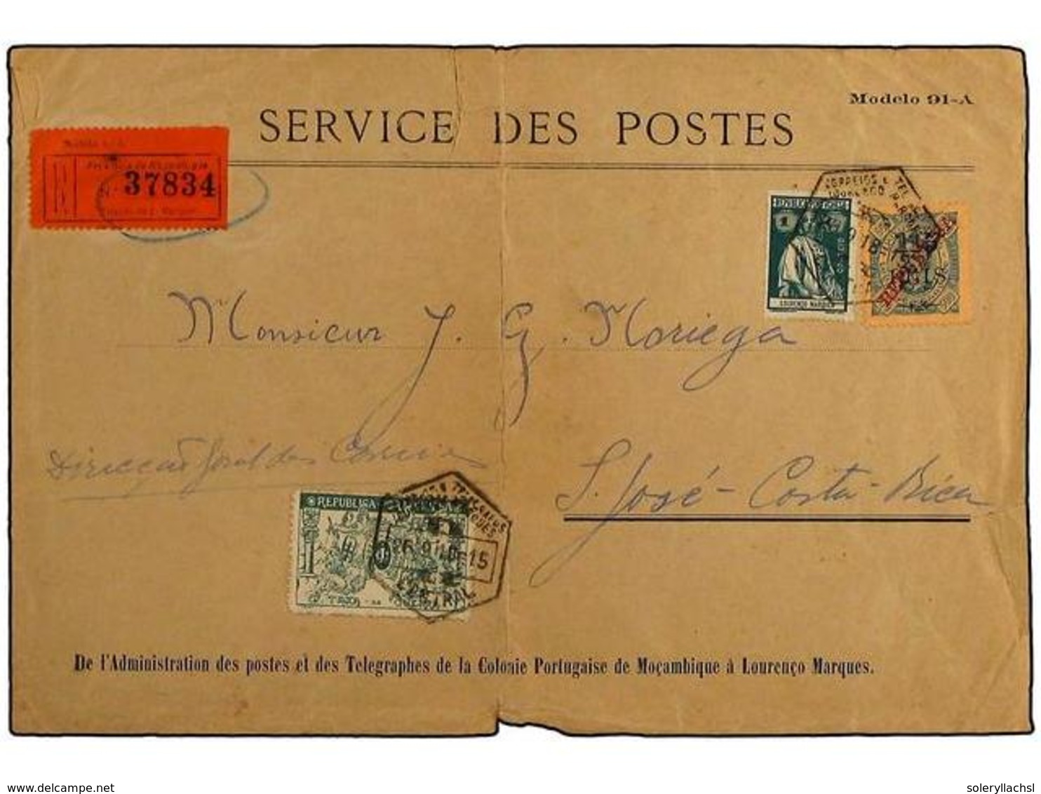 5034 MOZAMBIQUE. 1918 (Sept 26). Registered Cover To San Jose, COSTA RICA Franked By Mozambique <B>1c</B> Green War Tax  - Sonstige & Ohne Zuordnung