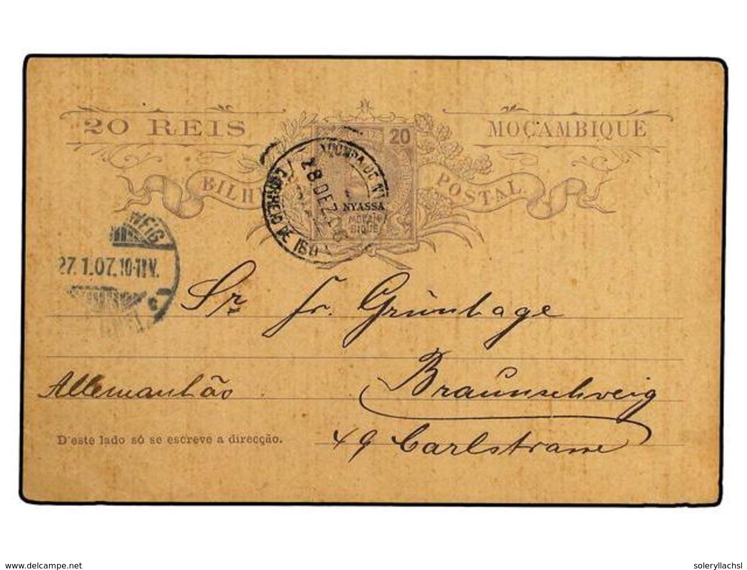 5036 NYASSA. 1906. Mozambique <B>20 Reis.</B> Ovpt NYASSA Postal Stationery Card (H & G 5) Cancelled By The Double Ring  - Sonstige & Ohne Zuordnung