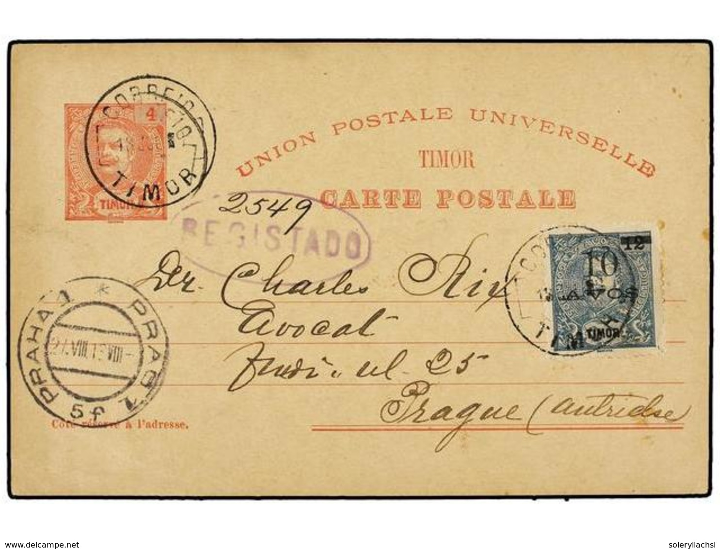 5046 TIMOR. 1913. <B>4a.</B> Red On Buff Postal Stationery Card, Registered Example To PRAGUE Up-rated With 1905 <B>10a. - Sonstige & Ohne Zuordnung