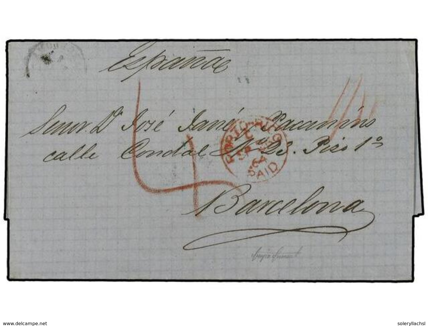 5055 COLONIAS ESPAÑOLAS: PUERTO RICO. 1864 (26-Sept). GUAYANILLA A BARCELONA. Circulada Por El Correo Britanico, Fechado - Sonstige & Ohne Zuordnung