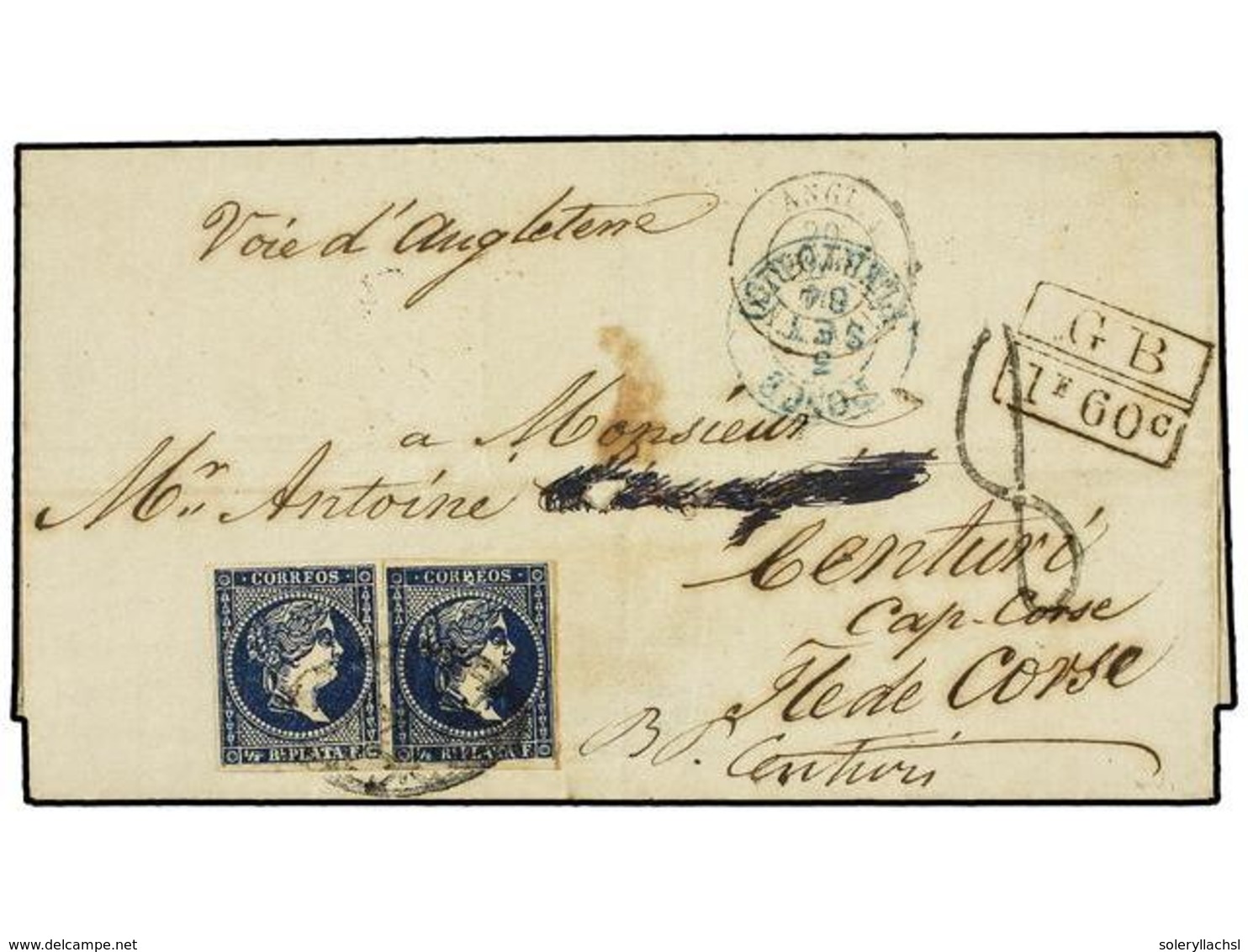 5056 COLONIAS ESPAÑOLAS: PUERTO RICO. Ed.Ant. 7Aa. 1864. PONCE A CENTURI (Isla De Córcega), <B>1/2 Real</B> Azul Muy Osc - Sonstige & Ohne Zuordnung