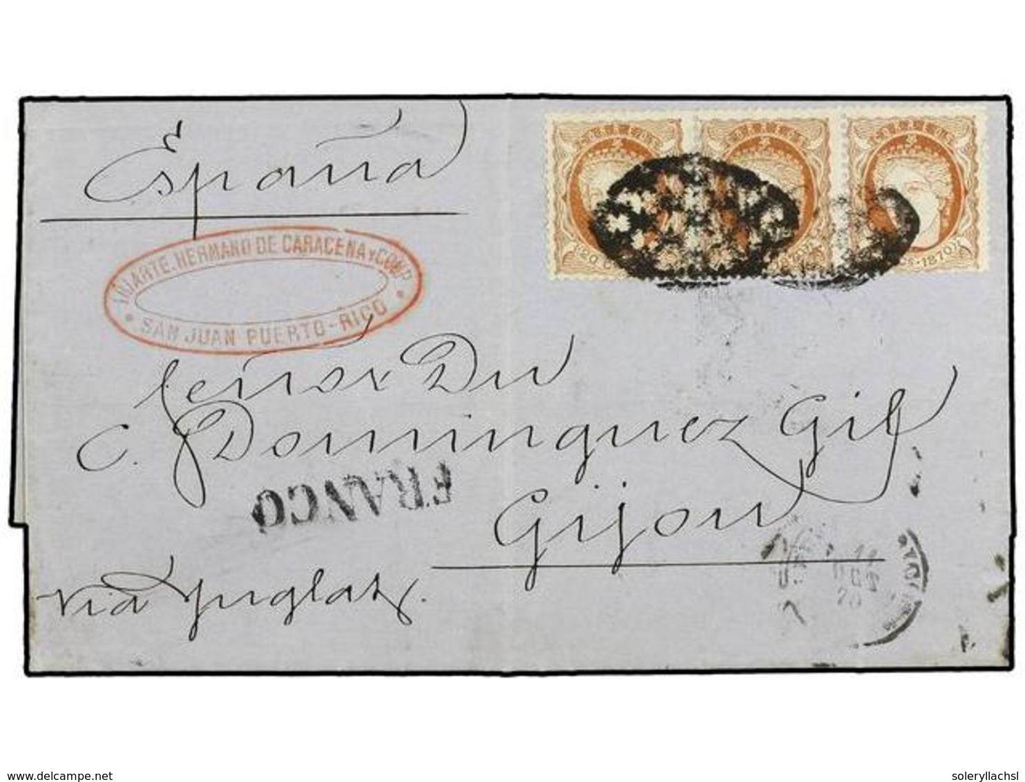 5062 COLONIAS ESPAÑOLAS: PUERTO RICO. Ant.20 (3). 1870. SAN JUAN A GIJÓN (España). <B>20 Cts.</B> Castaño Rojo. Tira De  - Other & Unclassified