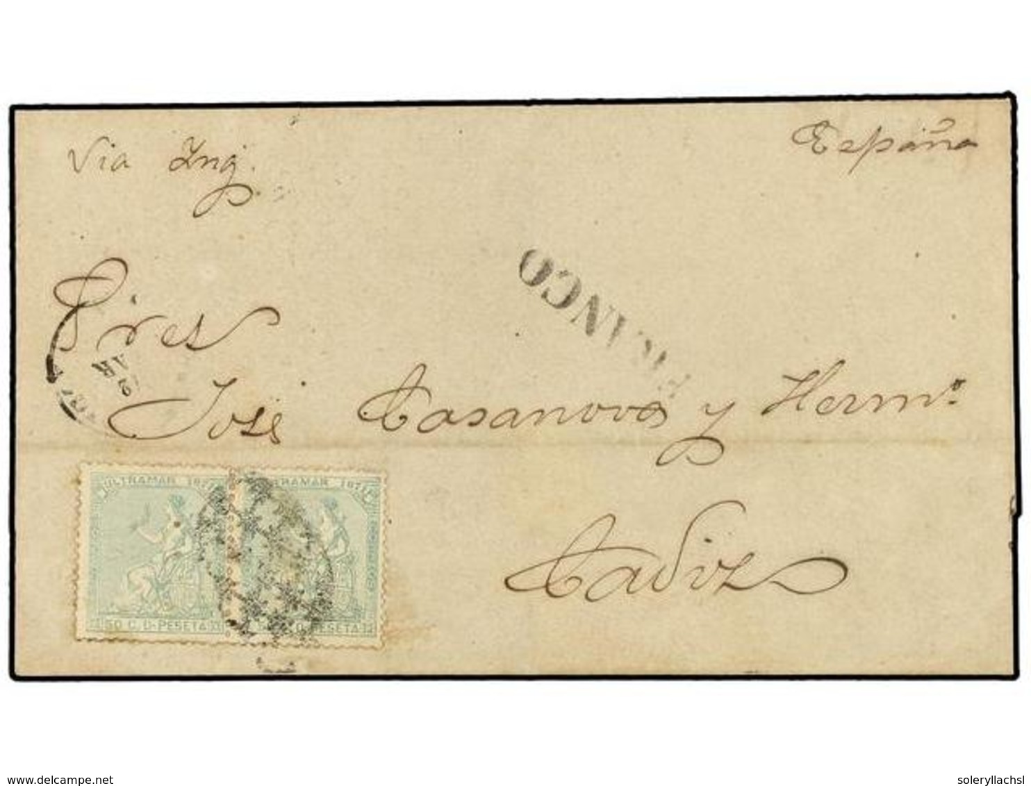 5063 COLONIAS ESPAÑOLAS: PUERTO RICO. Ant.23 (2). 1871. S. JUAN A CADIZ. <B>50 Cts. </B>verde (2) Mat. <B>PARRILLA COLON - Other & Unclassified