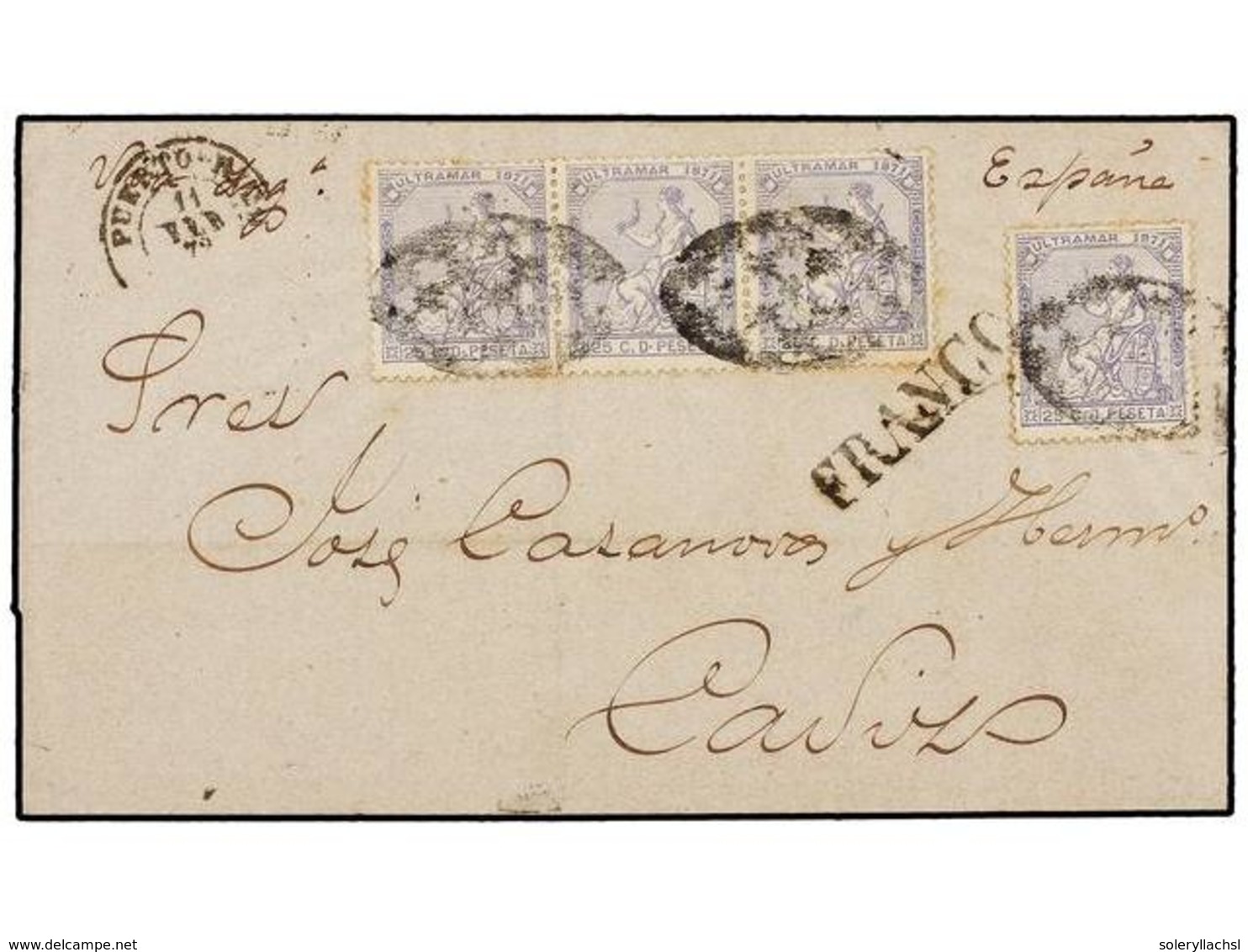 5067 PUERTO RICO. Ant.28(4). 1872. SAN JUAN A CÁDIZ. <B>25 Cts.</B> Azul (4). Mat. <B>PARRILLA COLONIAL</B> Y Marca Line - Other & Unclassified