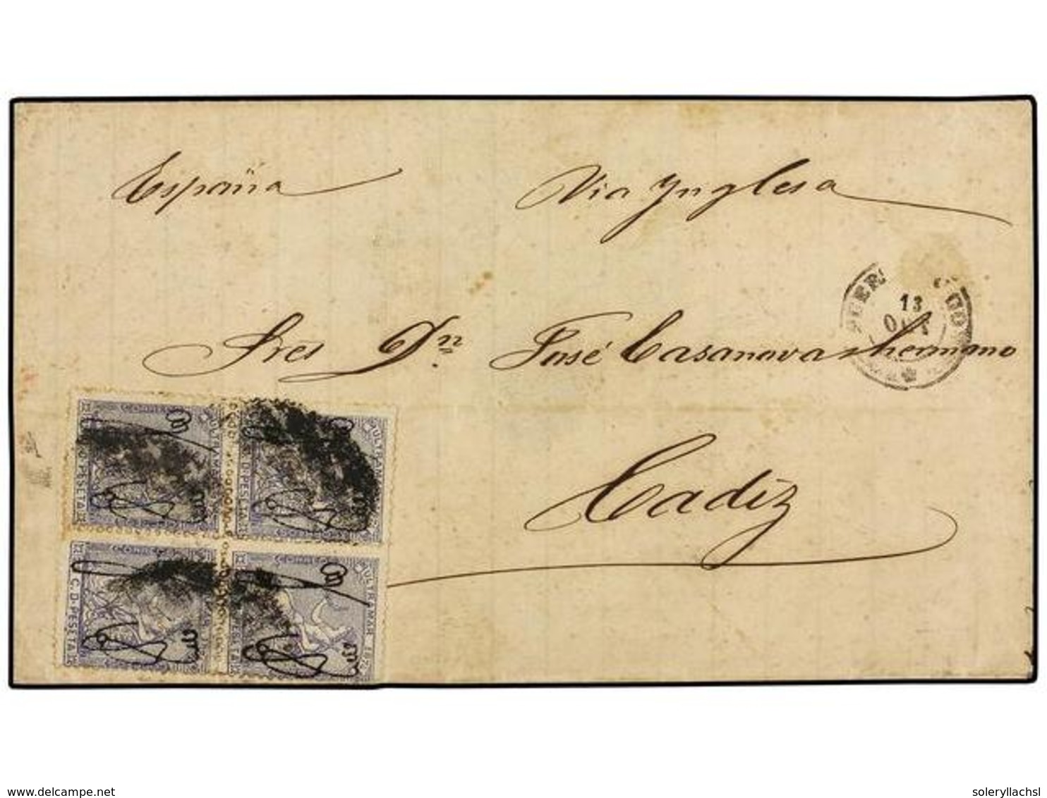 5070 PUERTO RICO. 1874. S. JUAN A CADIZ. <B>25 Cts.</B> Azul, Bloque De Cuatro, Mat.<B> PARRILLA COLONIAL.</B> Circulado - Sonstige & Ohne Zuordnung