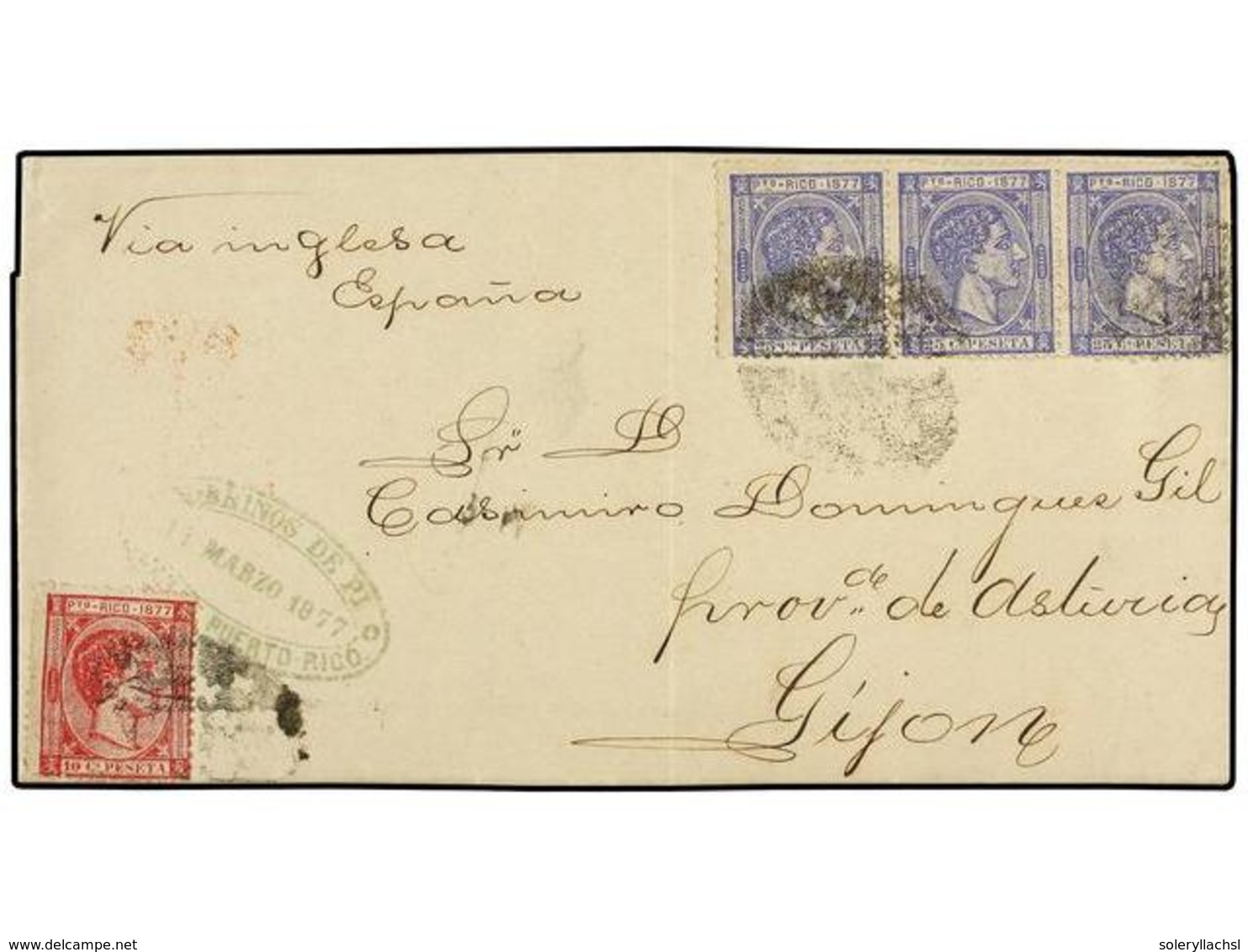 5078 COLONIAS ESPAÑOLAS: PUERTO RICO. Ed.14, 16 (3). 1877. SAN JUAN A GIJÓN. <B>10 Cts.</B> Carmín Y <B>25 Cts.</B> Azul - Sonstige & Ohne Zuordnung