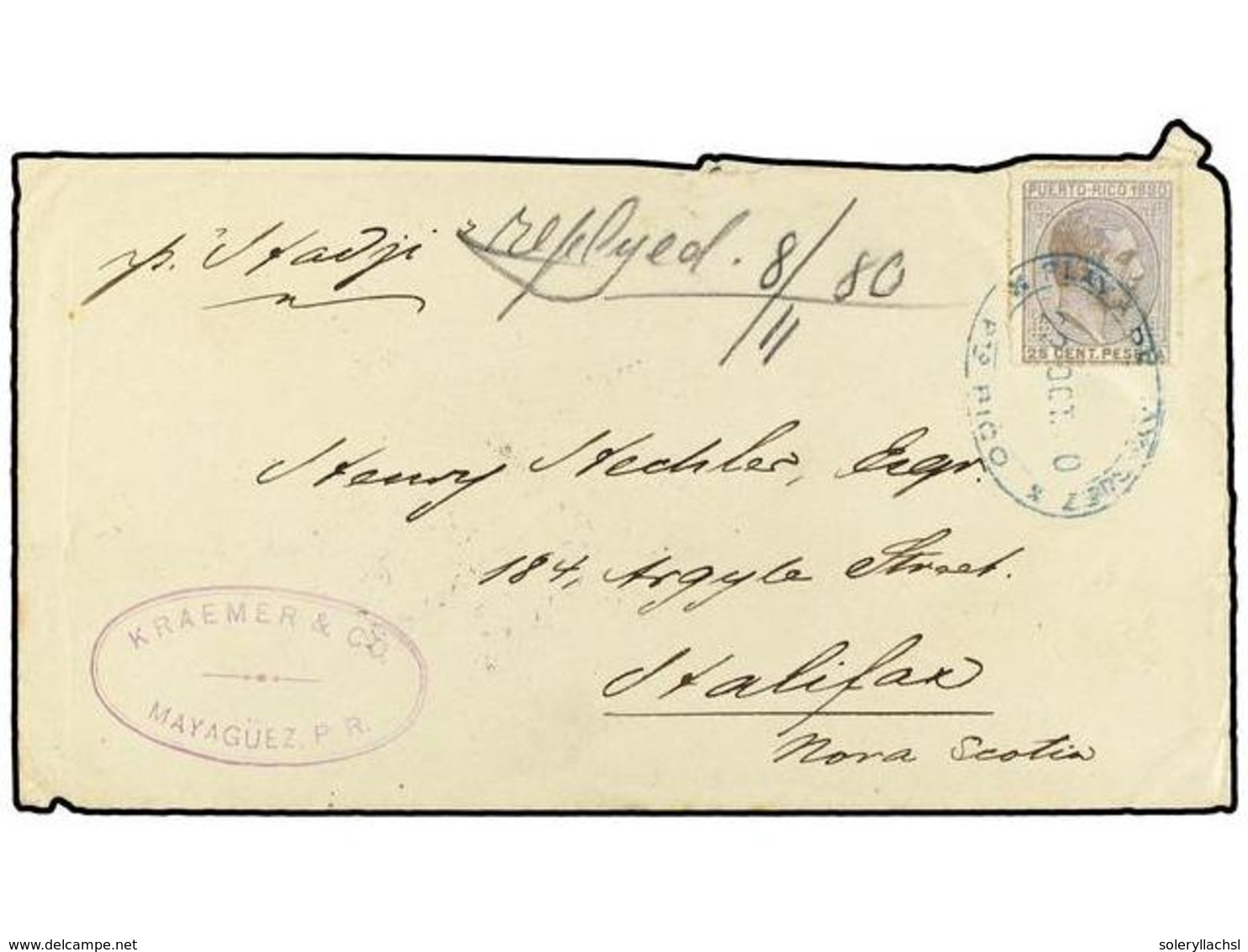 5082 PUERTO RICO. Ed.38. 1880. MAYAGUEZ A HALIFAX (Canada). <B>25 Cent.</B> Gris. Al Dorso Tránsito Por <B>NEW YORK</B>  - Sonstige & Ohne Zuordnung