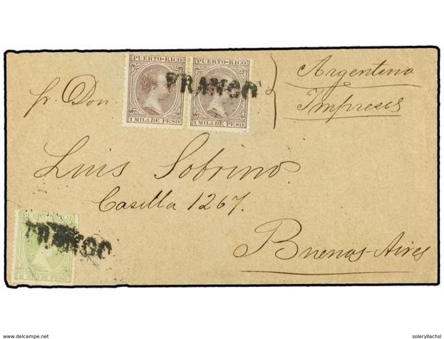 5087 COLONIAS ESPAÑOLAS: PUERTO RICO. Ed.116 (2), 117. 1897. S. JUAN A BUENOS AIRES. <B>1 Mils.</B> Castaño (2) Y <B>2 M - Other & Unclassified