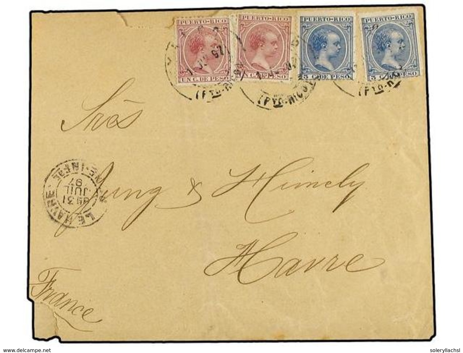 5088 COLONIAS ESPAÑOLAS: PUERTO RICO. 1897. YAUCO A FRANCIA. <B>1 Ctvo.</B> Rojo (2) Y <B>3 Cts.</B> Azul (2). Precioso  - Sonstige & Ohne Zuordnung