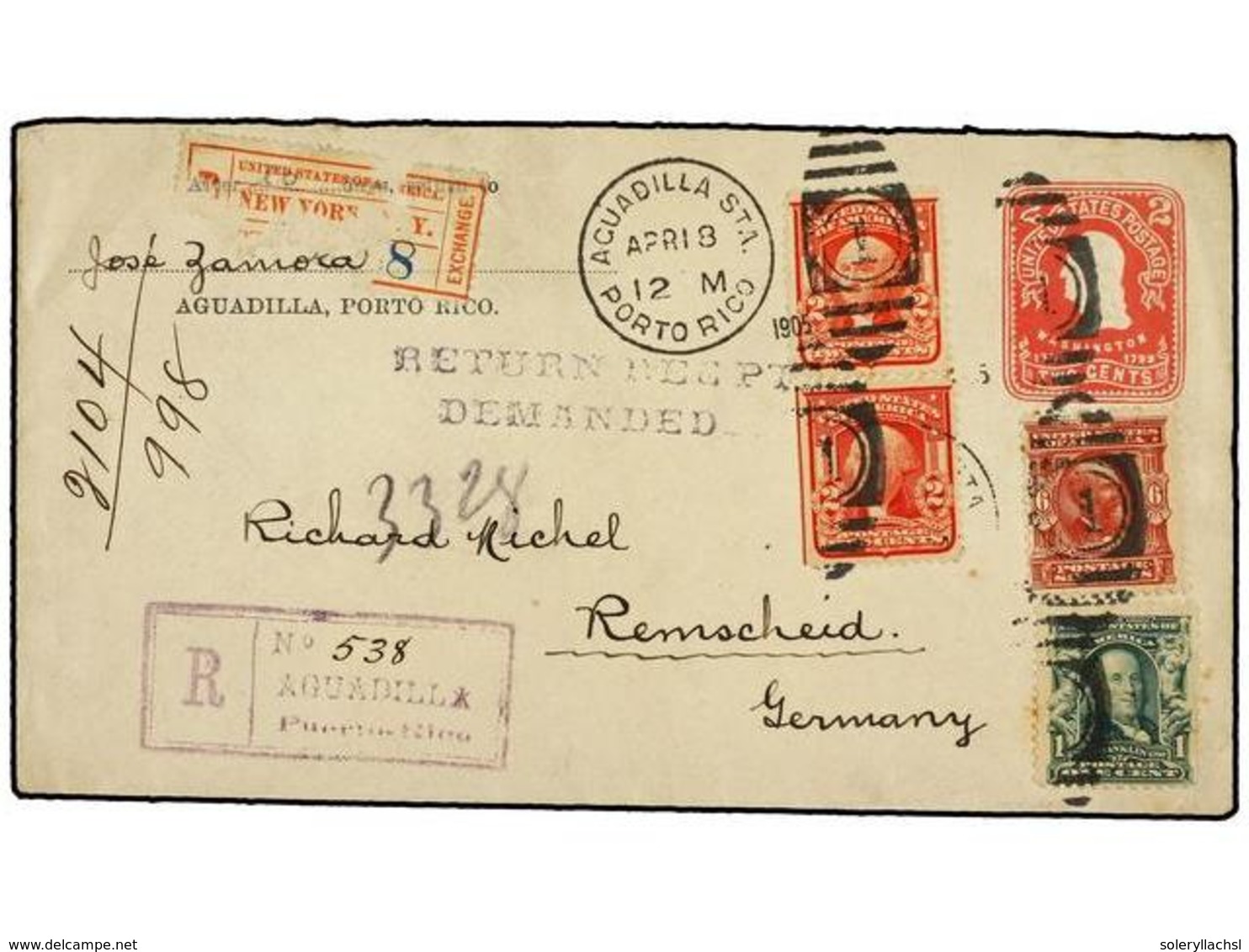 5095 PUERTO RICO. 1905 (April 18). Registered Usage Of USA <B>2c.</B> Rose Postal Stationery Envelope From AGUADILLA To  - Other & Unclassified