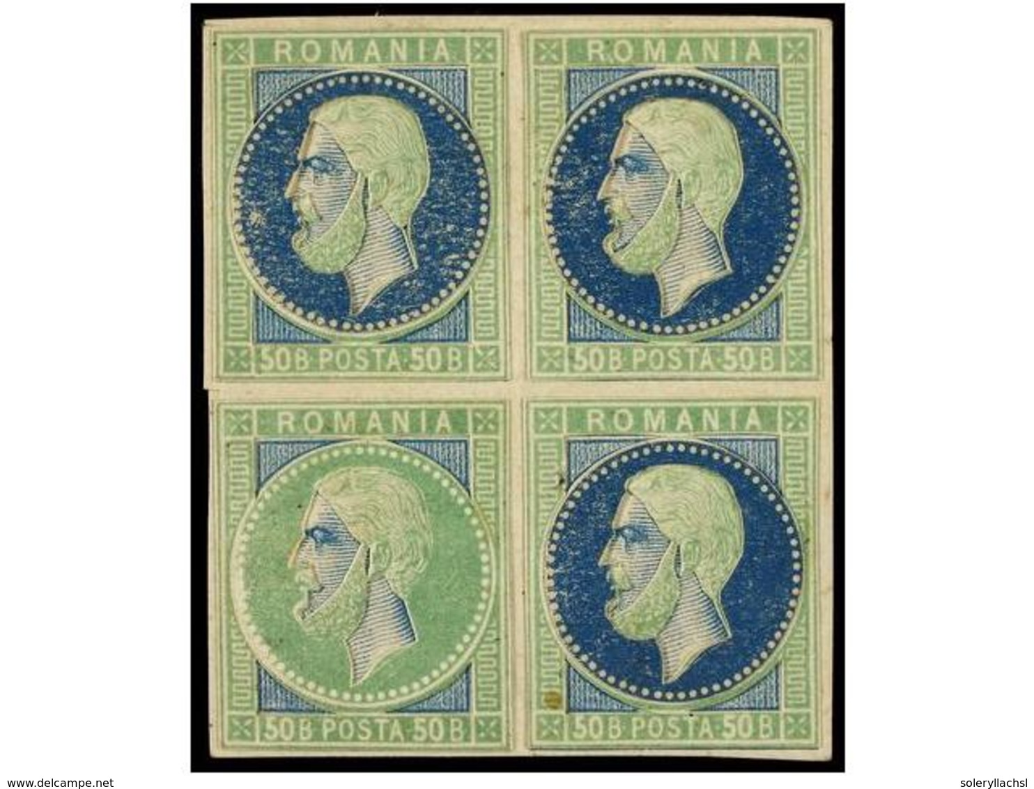 5101 RUMANIA. Mi.42. 1872. <B>COMPOSITE ESSAY. 50 Bani</B> Green And Blue 'decoupant' Essay In Block Of Four, Carton Pap - Sonstige & Ohne Zuordnung