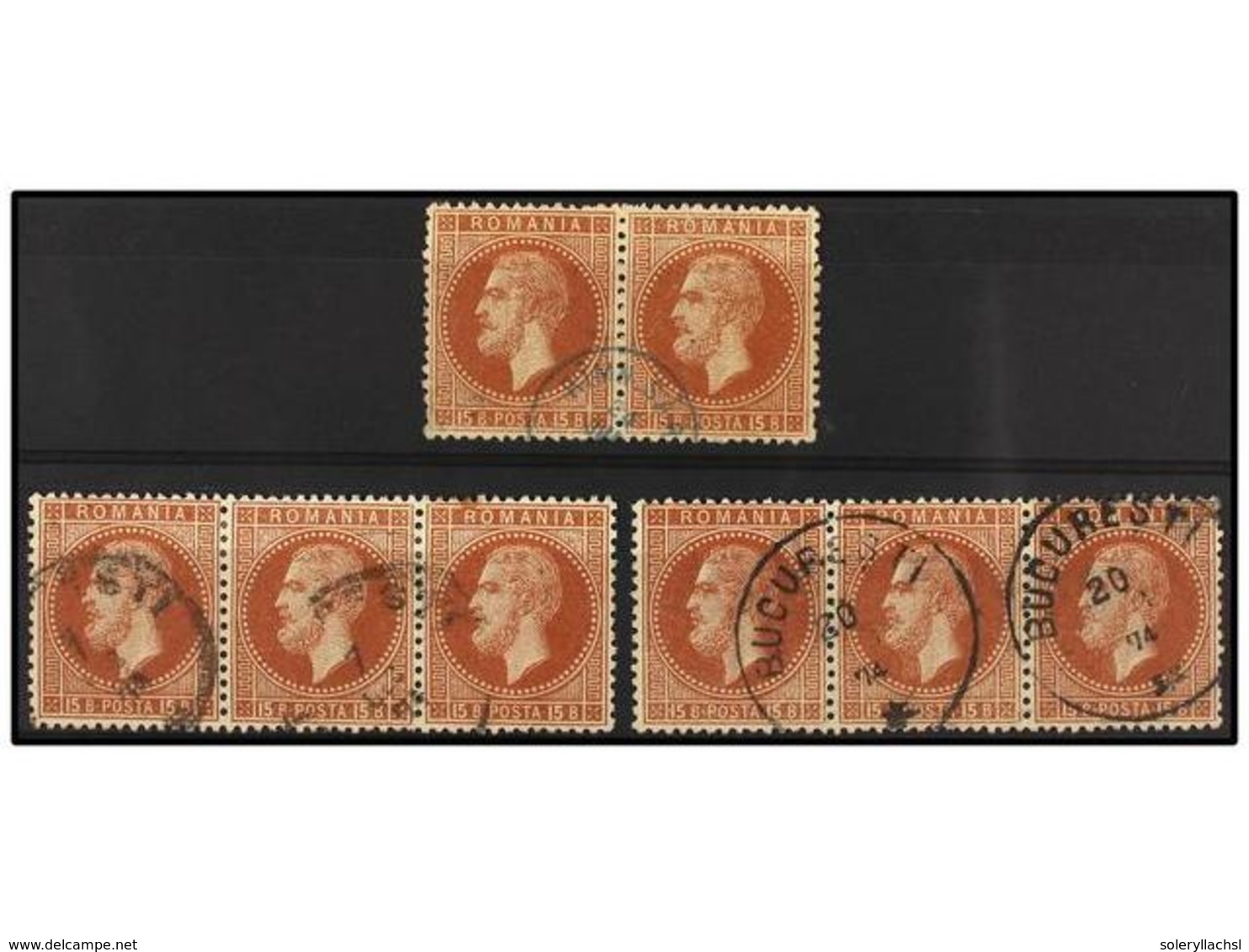 5110 ° RUMANIA. Mi.40 (8). 1872. <B>15 Bani</B> Red Brown. One Pair And Two Strips Of Three. Fine. - Other & Unclassified