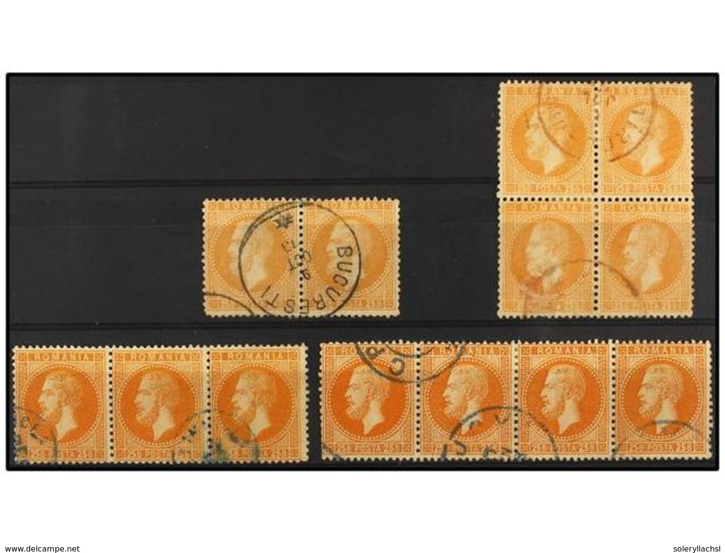 5111 ° RUMANIA. Mi.41a, 41b. 1872. <B>25 Bani</B> Orange. One Pair, Two Strips Of Three And Block Of Four. Fine Used. - Sonstige & Ohne Zuordnung